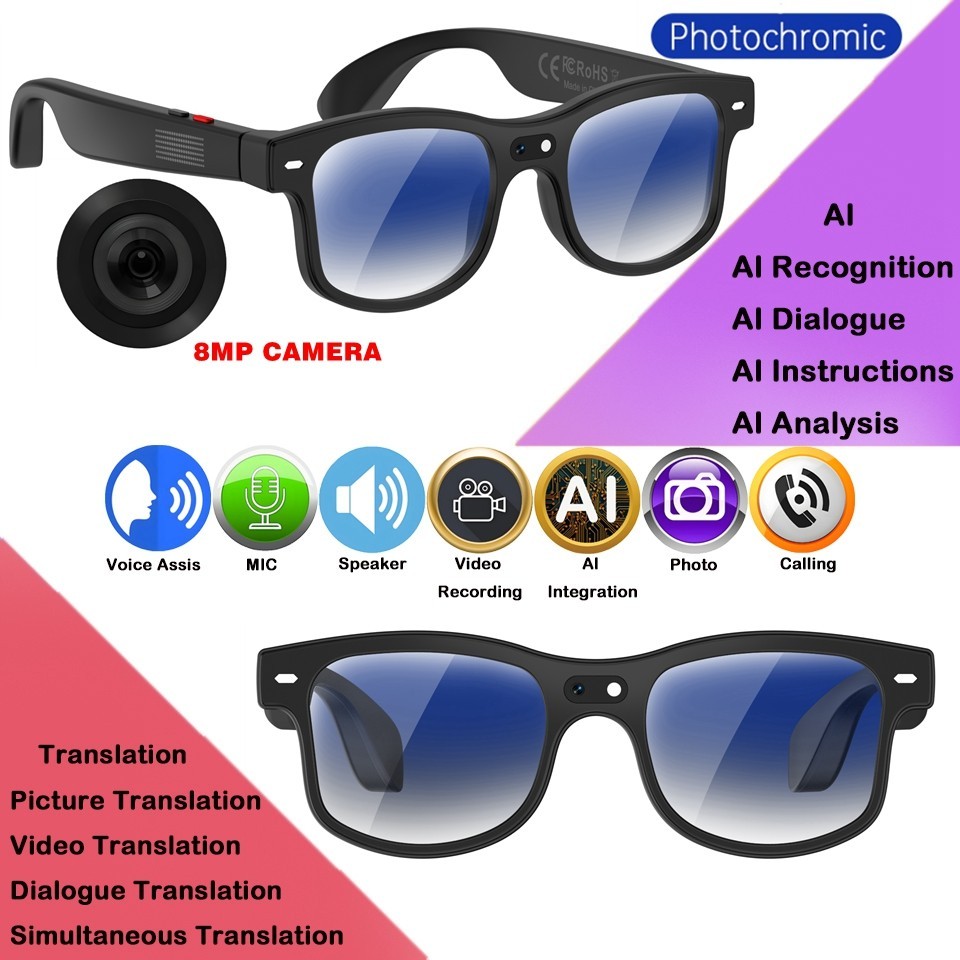 800W Camera AI Men Color Changing Smart Translation Waterproof Glasses
