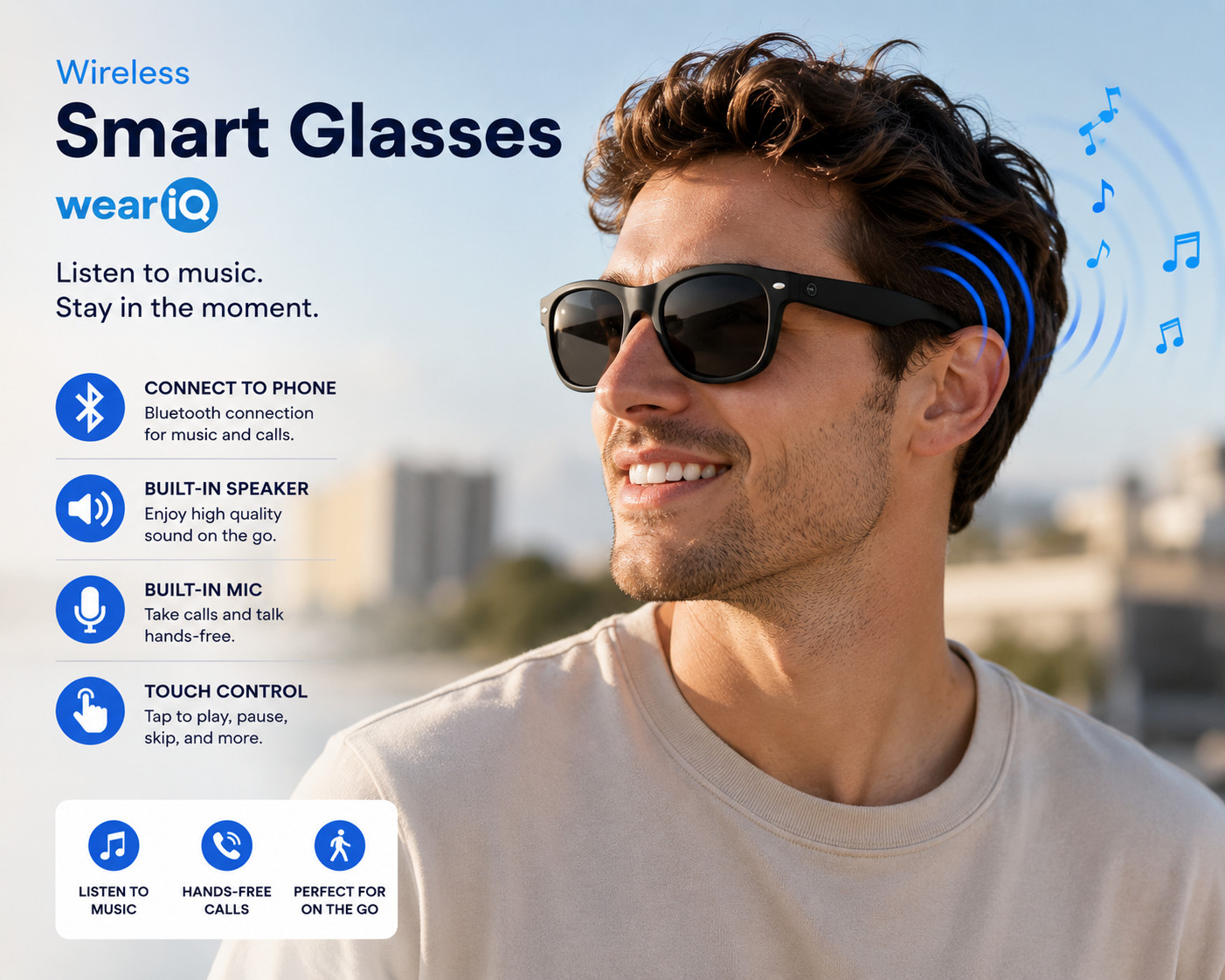 WeariQ Smart Audio Sunglasses – Bluetooth Open-Ear Speakers, Polarized Black Len
