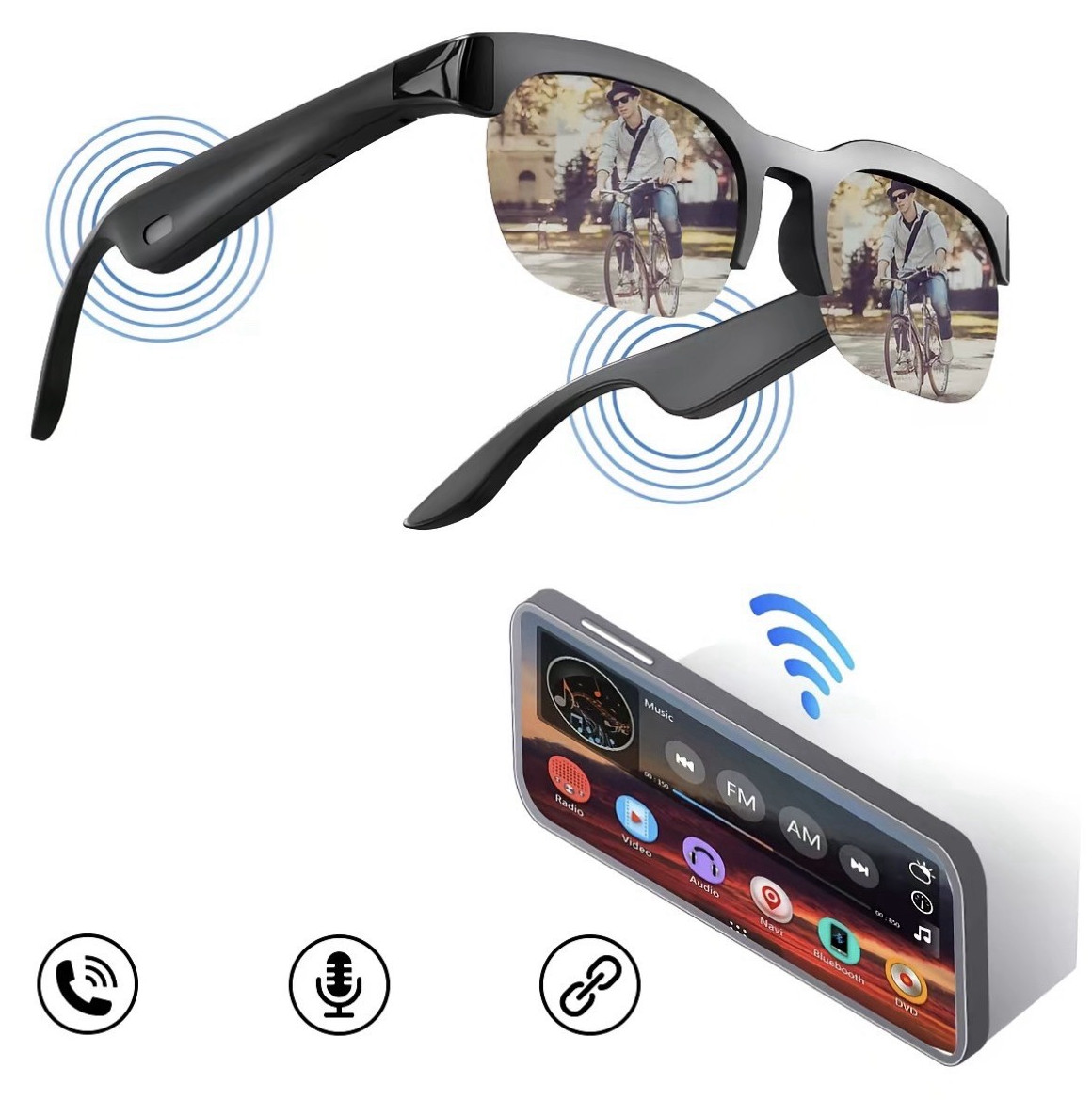 Wireless Smart Glasses Bluetooth Sunglasses w/ Built-In Mic & Speakers, USB