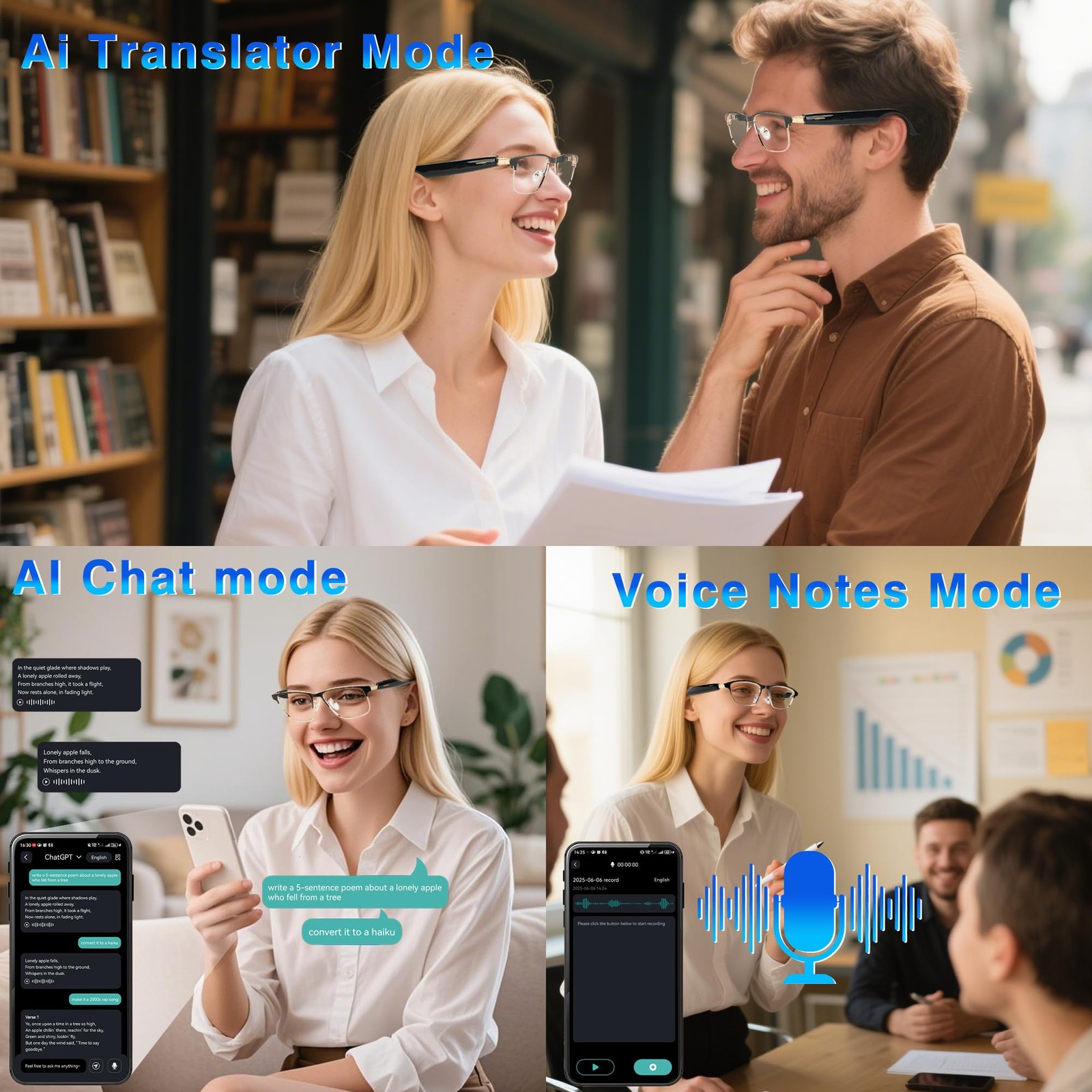 OICIIDO Ai Translation Smart Glasses with Chat GPT, Bluetooth Standard, Gold