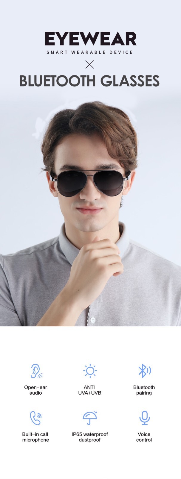 HIMATE Fashion Smart Glasses Bluetooth Open-Ear Music Voice Assist Phone Call -H
