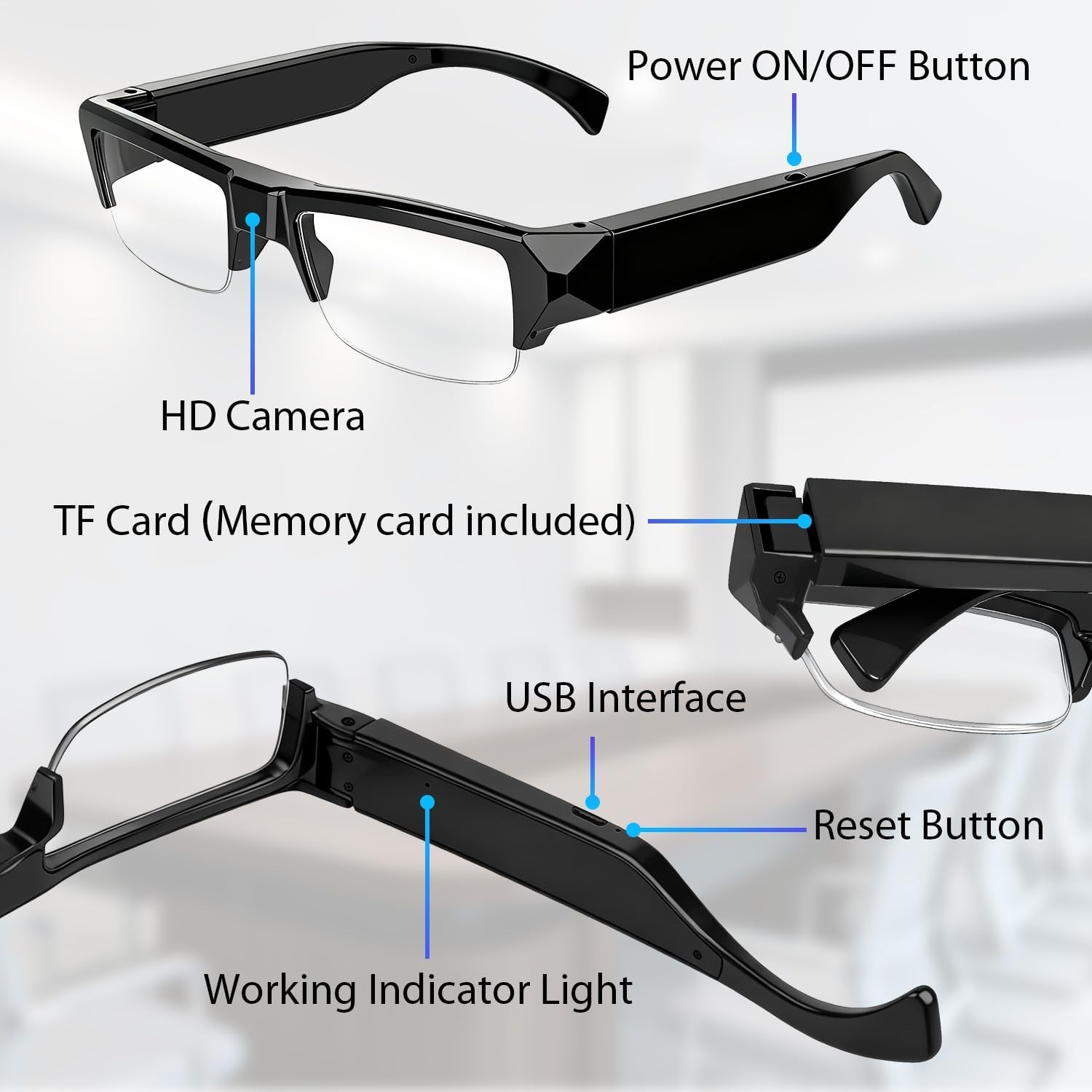 KoogFleur 1080P Camera Glasses Outdoor Sports Smart Glasses 64GB Video