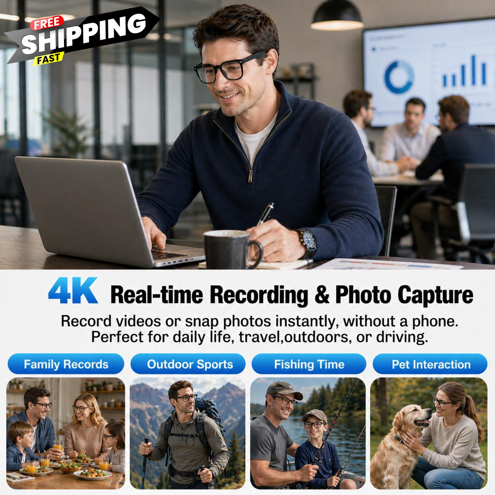 AI Smart Glasses with Camera, 4K HD Video & Photo 1, Transparent Lens