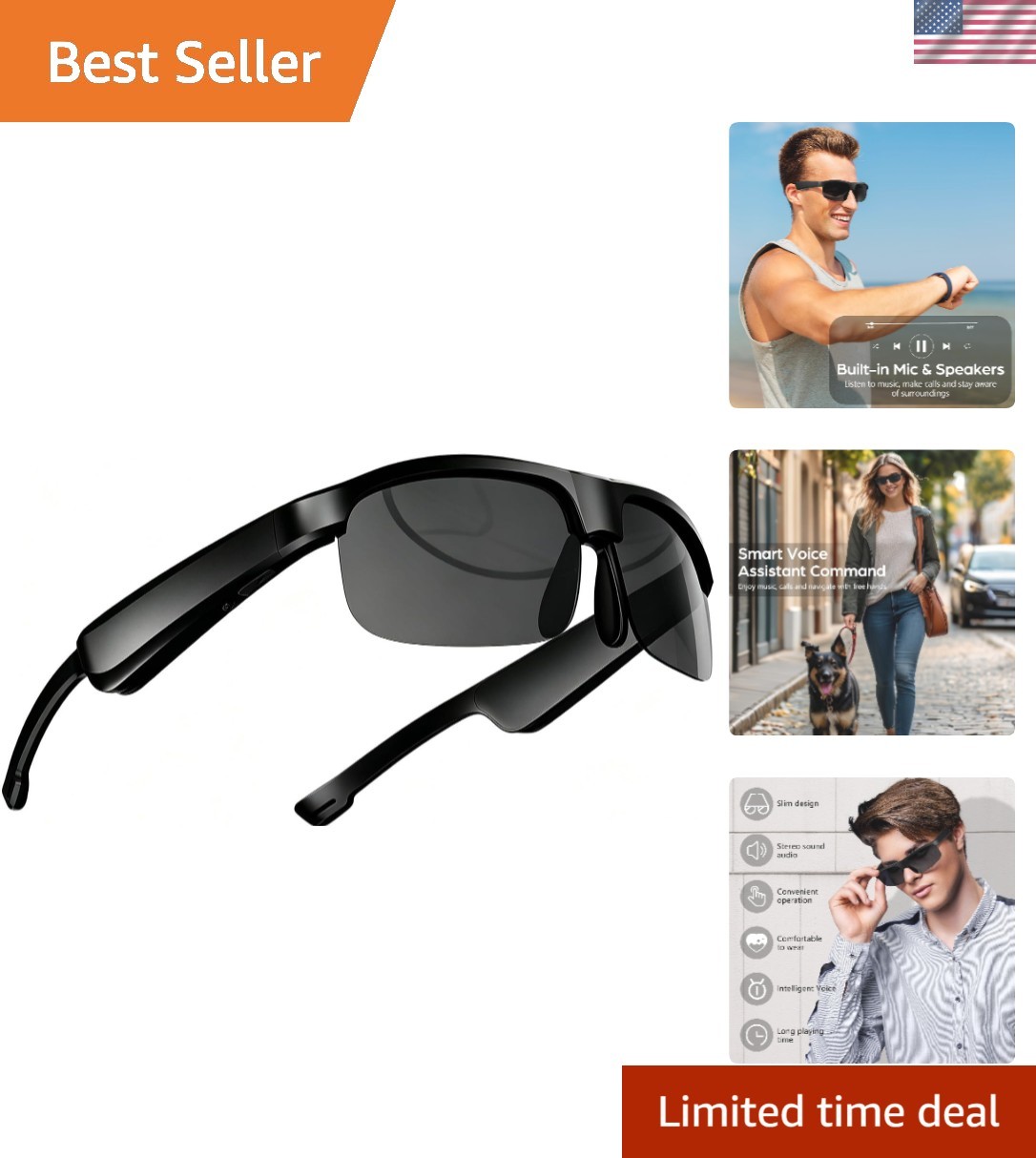 Minimalist Black Bluetooth Sunglasses – Hands-Free Calling with UV400 Protection
