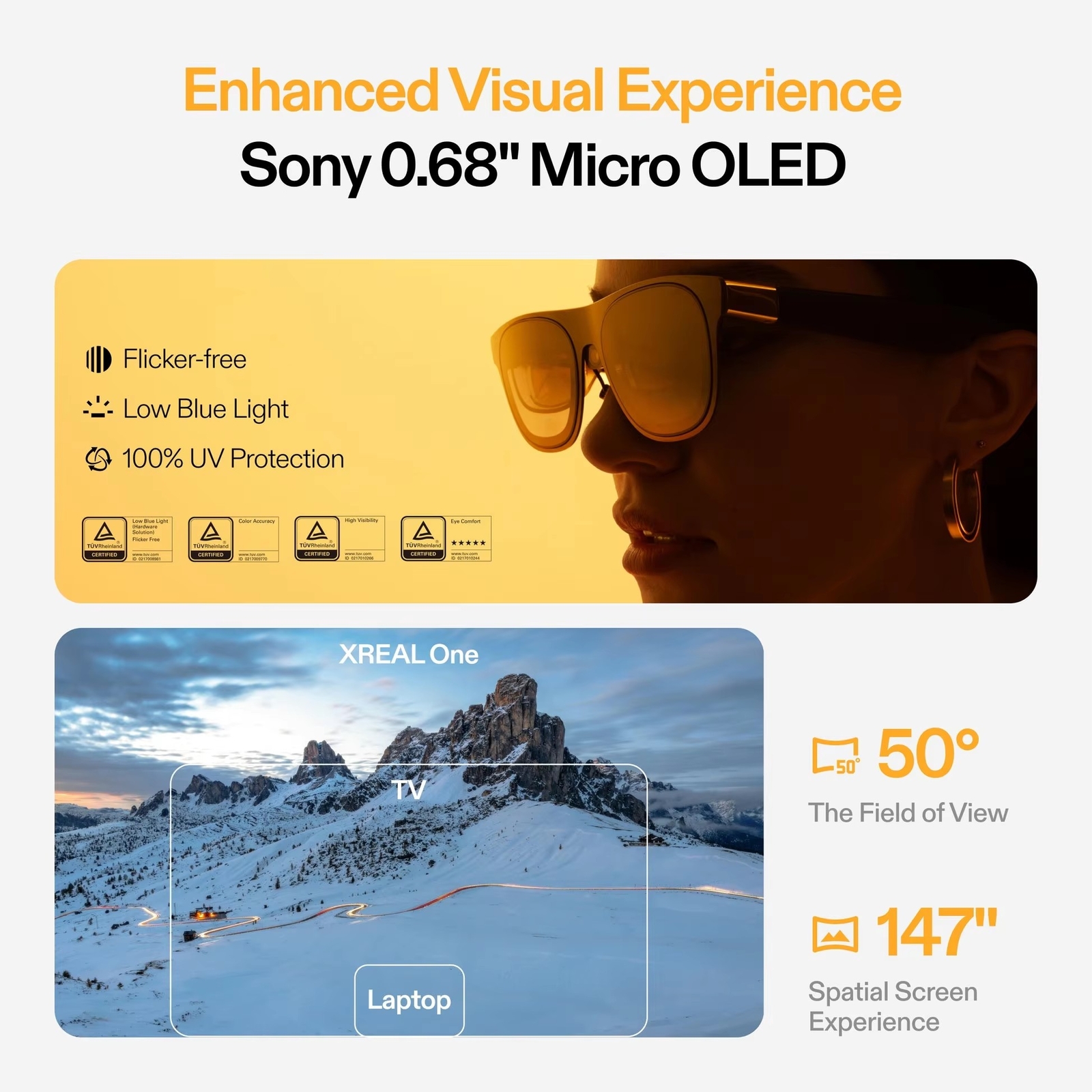 Xreal One 3DoF Smart AR Glasses with X1 Chip 147 Inch 50° FOV 120Hz Giant Screen