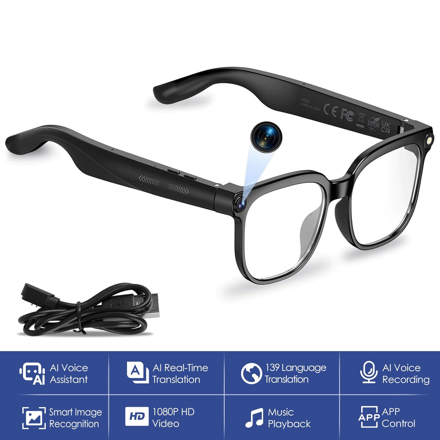AI Smart Camera Glasses 1080P Wireless Open Ear Audio Real Time Translation