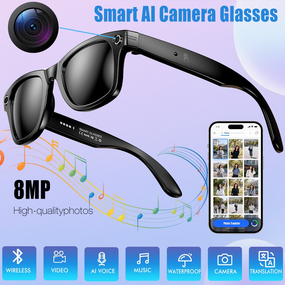 AI Smart Glasses Replaceable Lenses Men Women 8MP Camera 4K HD Video Recorder