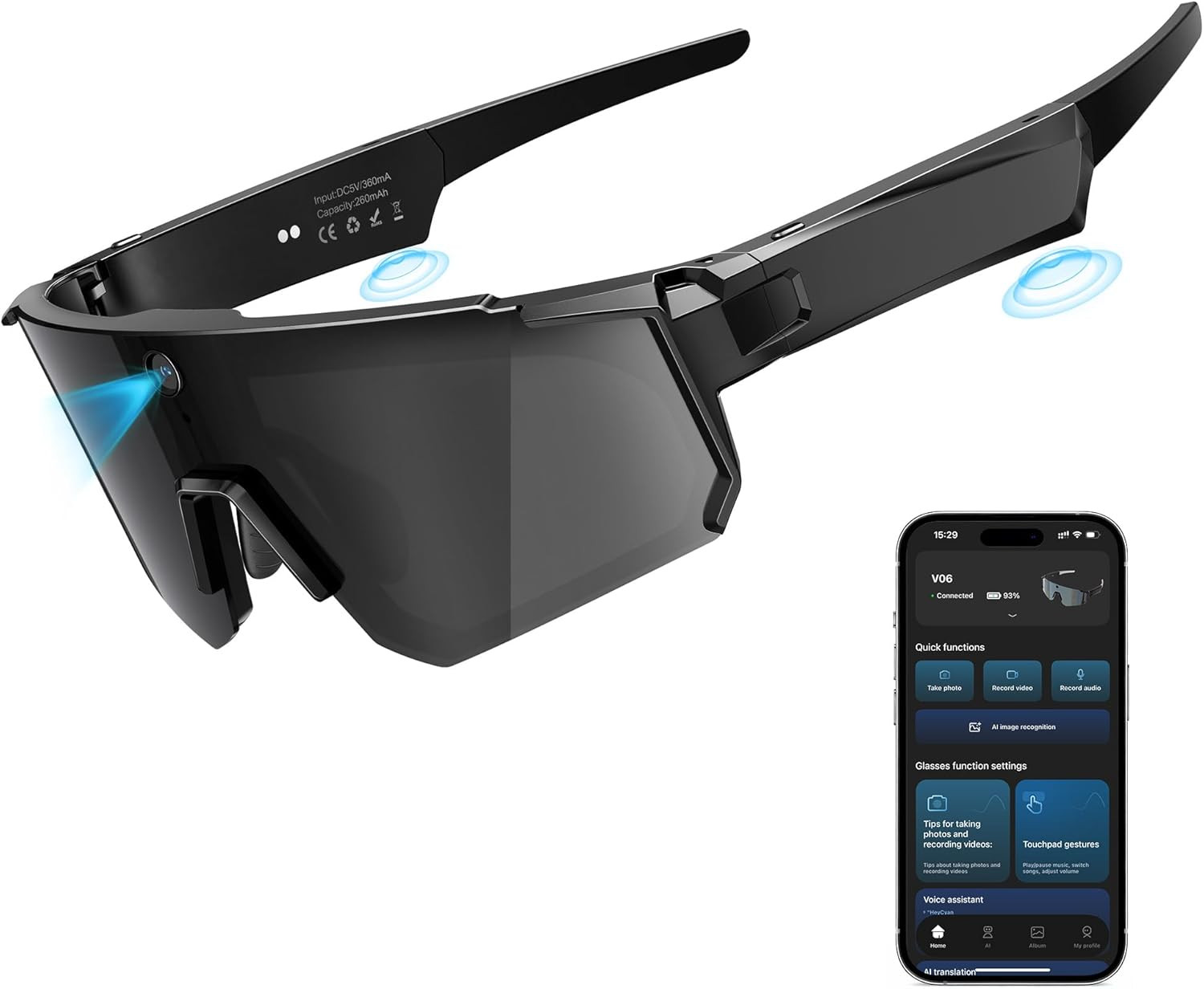V06 Smart Glasses for Men, Sport AI Camera with Eis+Gyro Stabilization, Polarize