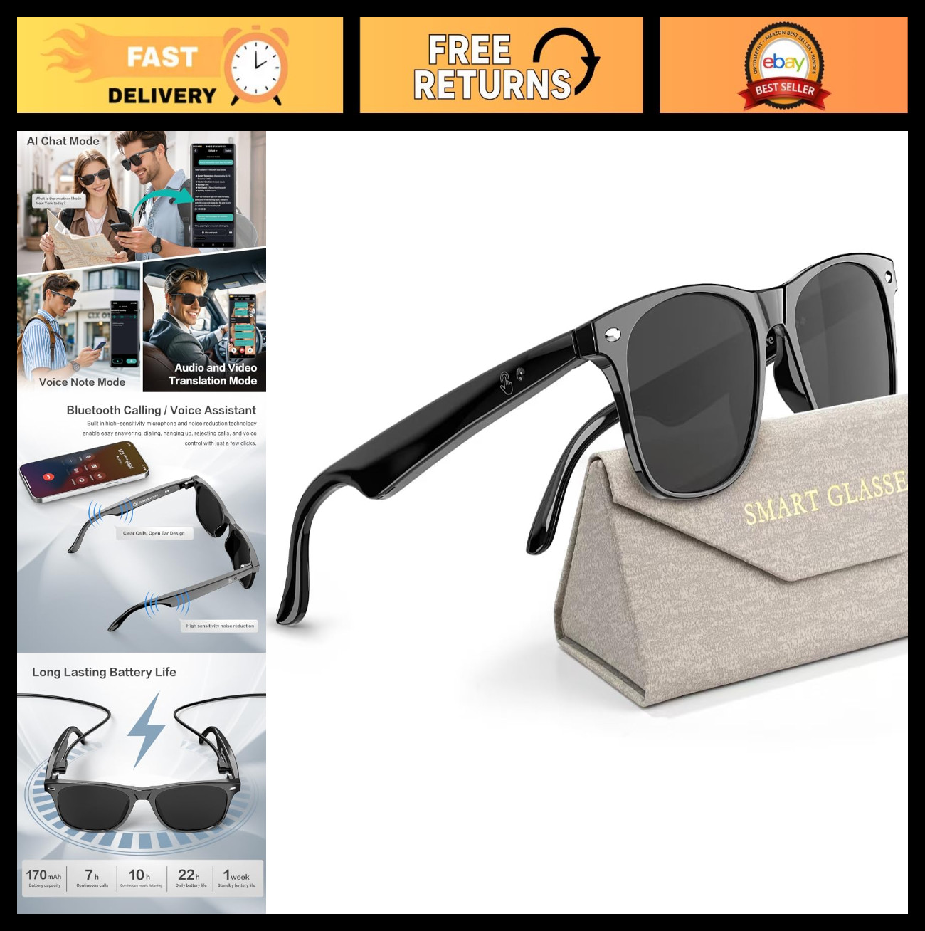 AI Smart Glasses for Men & Women, Real-Time Translation 164 Languages, 50H Batte