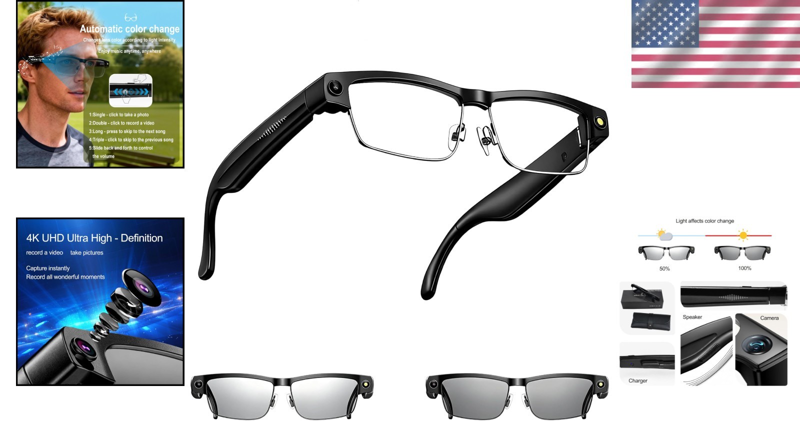 Smart Glasses AI Camera 32GB Bluetooth 5.4 Auto Color-Changing Lenses