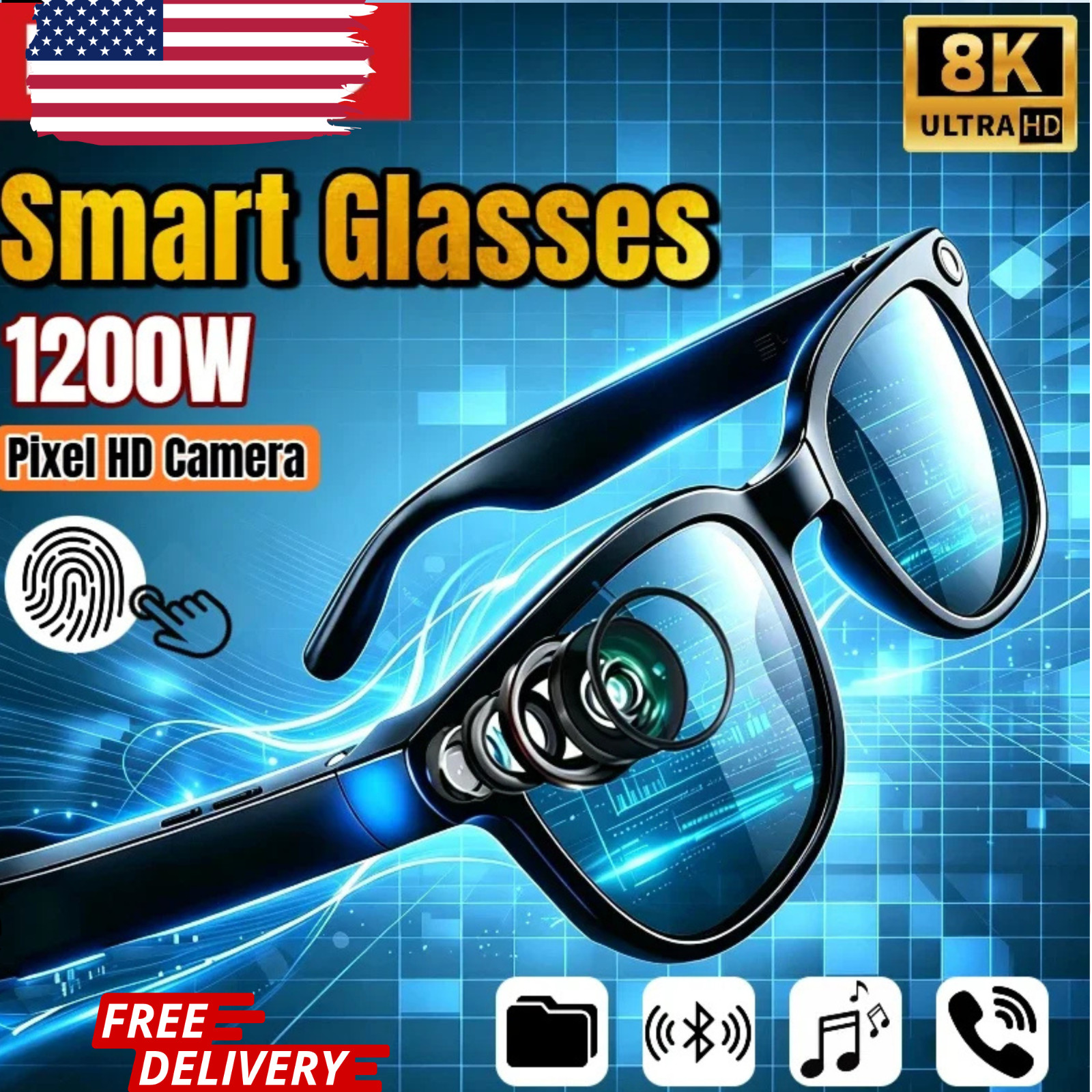 8K Camera AI Smart Glasses Touch Control Photo Recording Translator Voice Assist