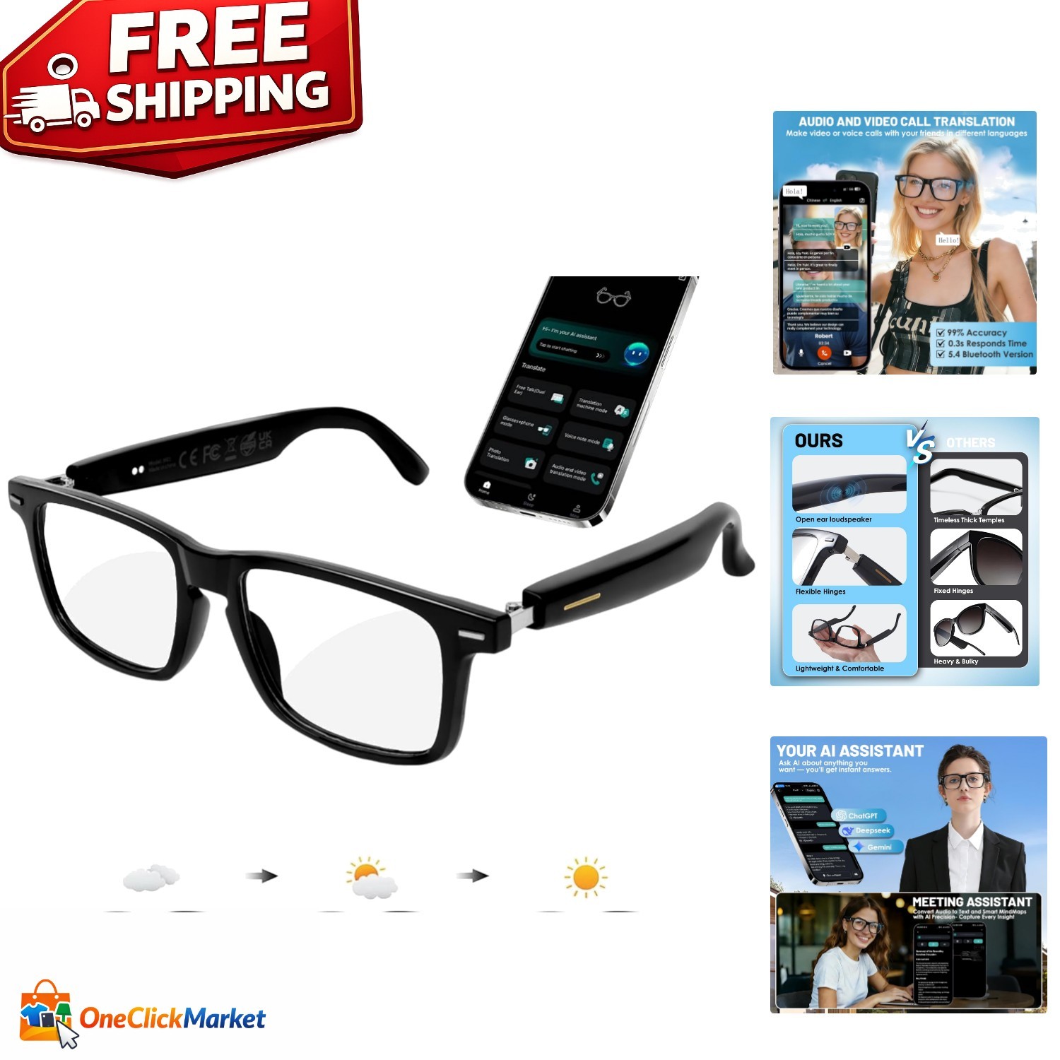 Bluetooth Smart Glasses with Photochromic Lenses & AI Assistant – Unisex Style