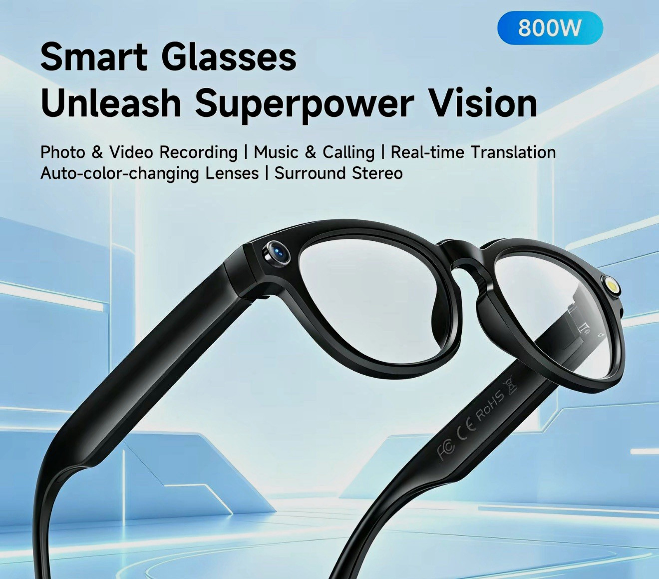 800W Smart Glasses Photo/Video Recording, Music & Calling, Real-Time Translation