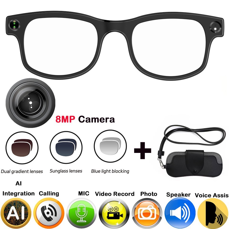 Smart Glasses Photo Video Recording AI Translation 8MP Camera and Bluetooth
