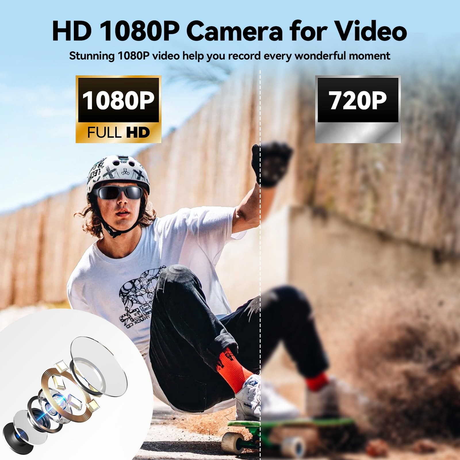 Smart Video 1080p Camera Glasses for Men – Outdoor HD UV Glasses, Black