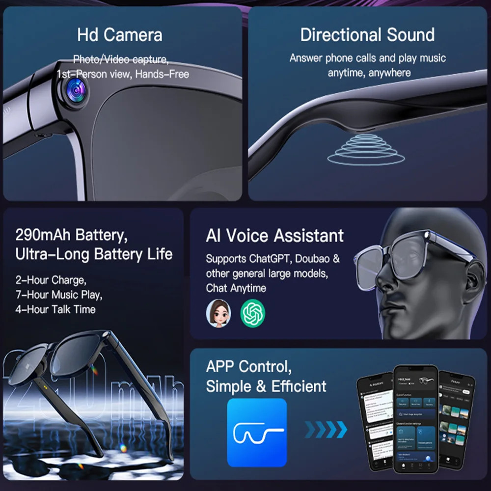 AI Smart Glasses with 800W Camera Bluetooth Call Real Time Translation Video++