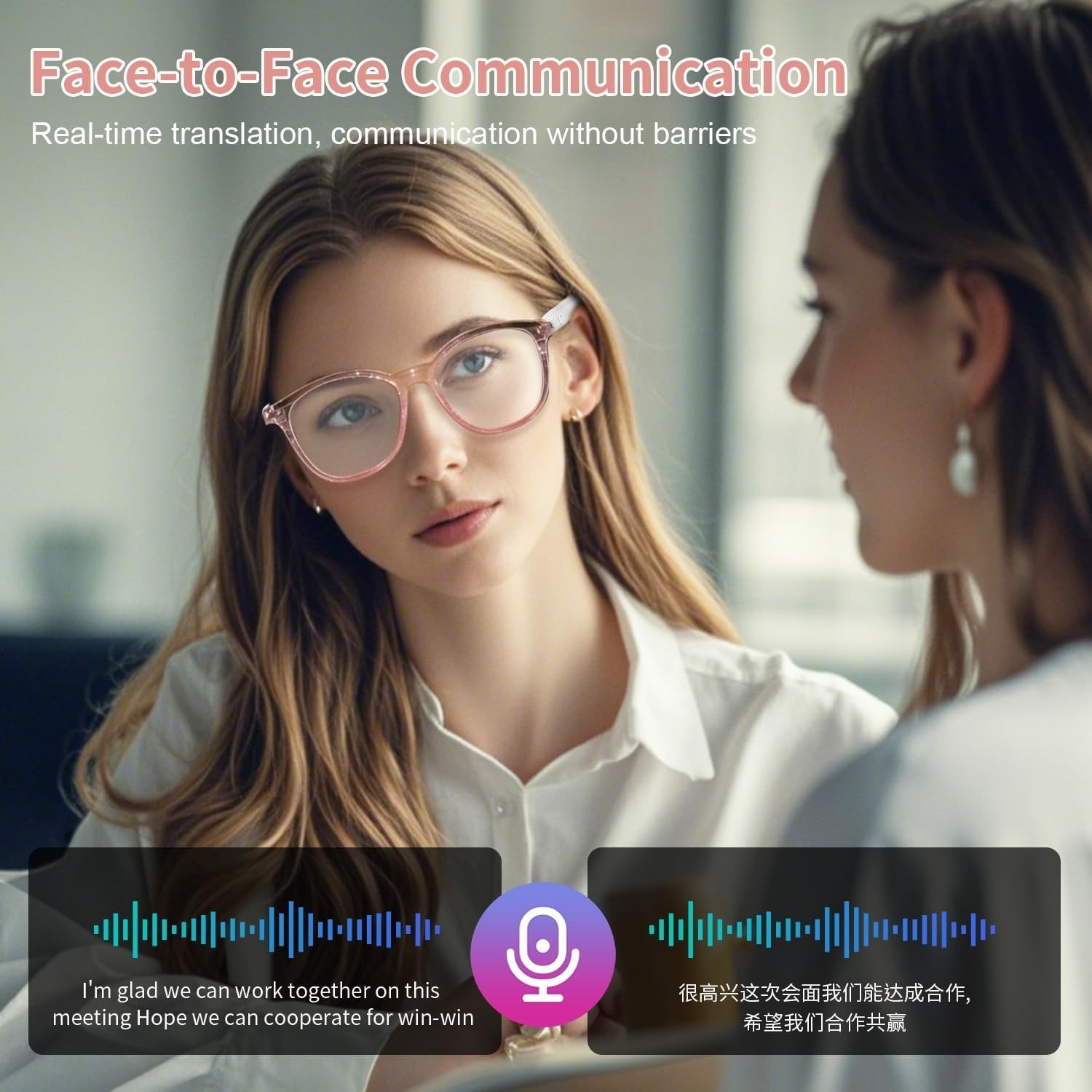 Stylish 160+ Language AI Smart Glasses with Clear Blue Light Lenses – Pink