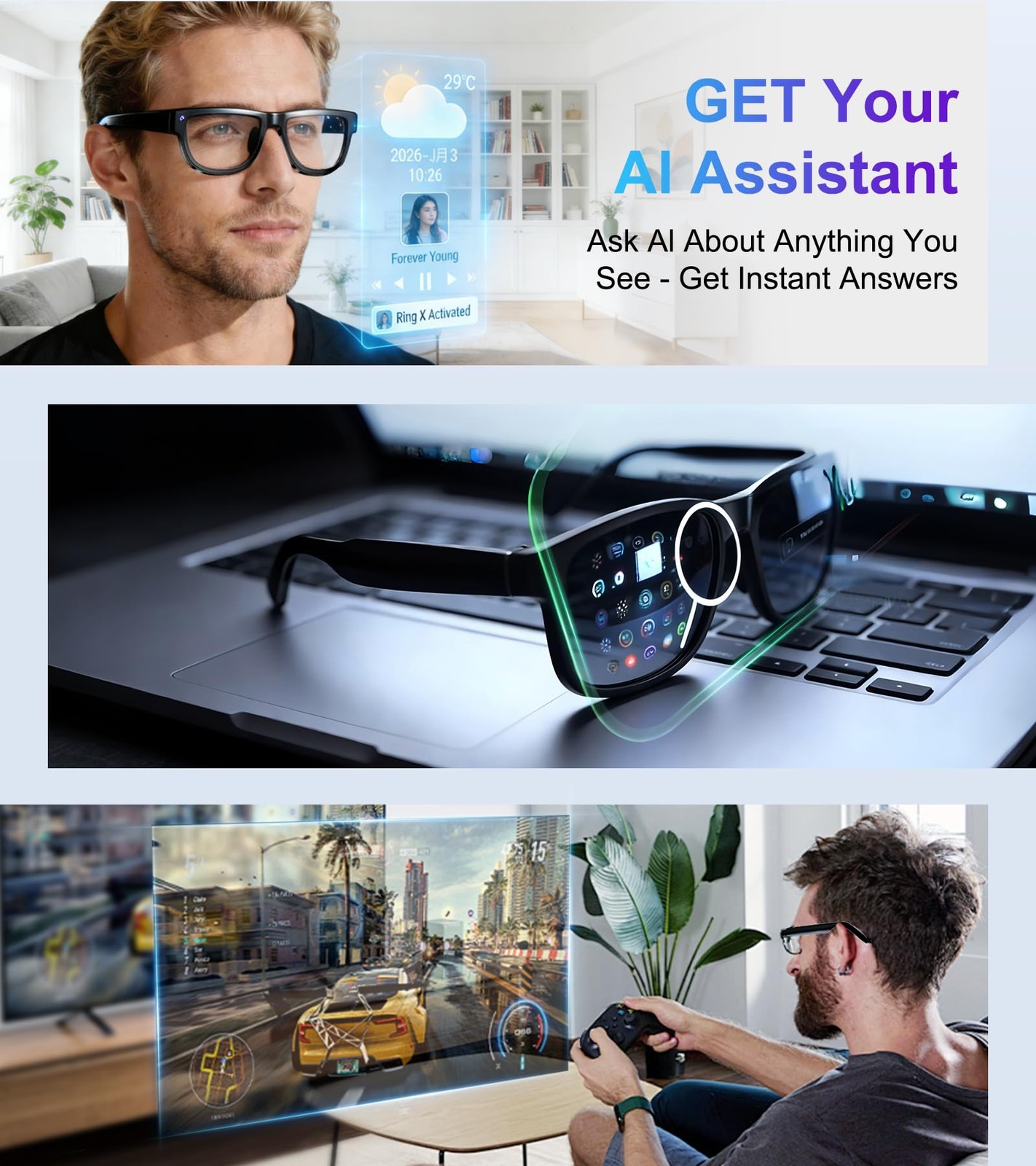 Smart Glasses with Camera and Bluetooth – AI Glasses for Men Anti-Shake Real-…