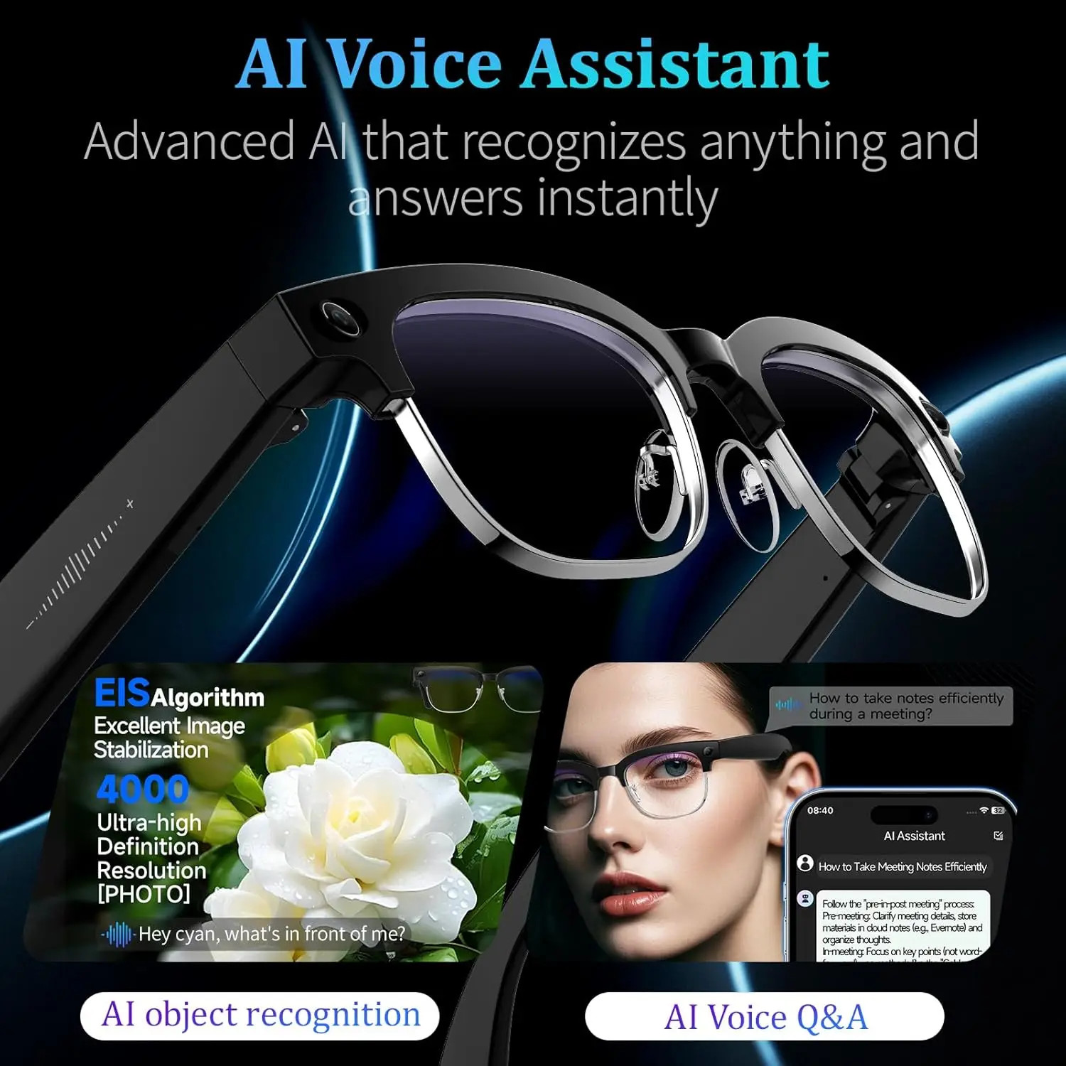 4K AI Smart Glasses HD Camera 1080P Video Music Player Call Sports Glasses
