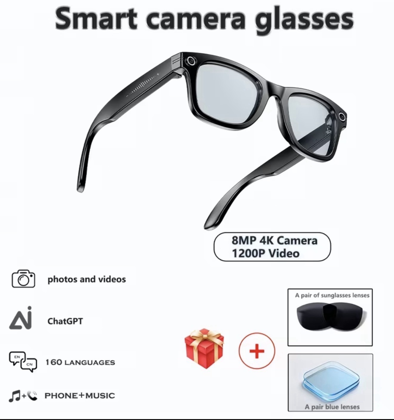 ChatGPT Smart Camera Glasses 8MP 4K Camera 1200P Video White/Black