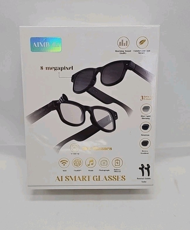 AiMB-G1 Bluetooth Voice Control Smart Glasses W/8MP, 1080p Camera NIB-sealed