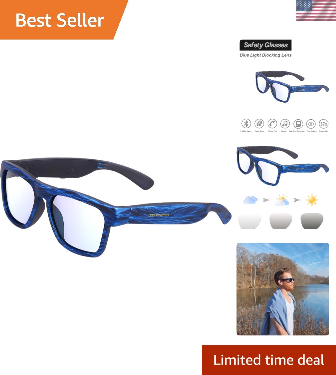 Bluetooth Audio Sunglasses with 10H Playtime & Voice Control – Stripe Blue