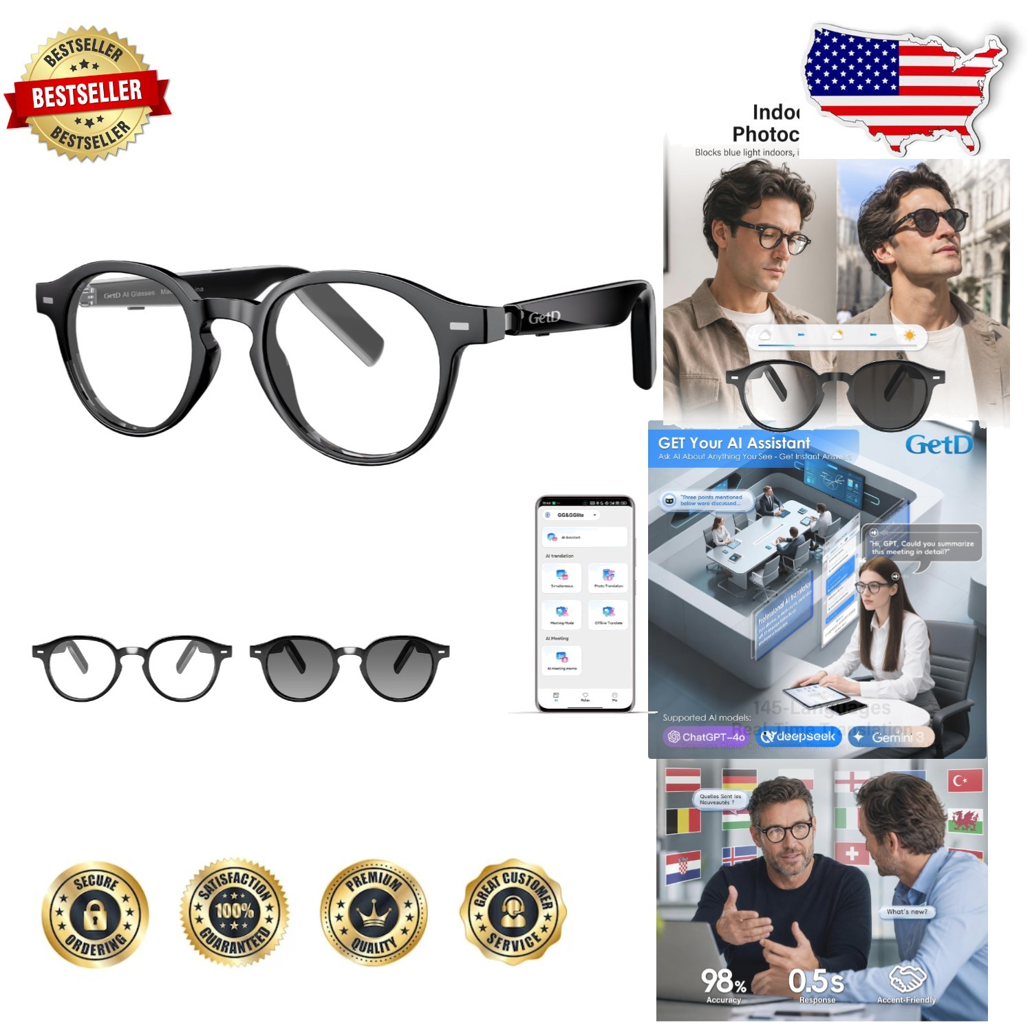 AI Translation Glasses 11H Music 9H Call Photochromic Lenses