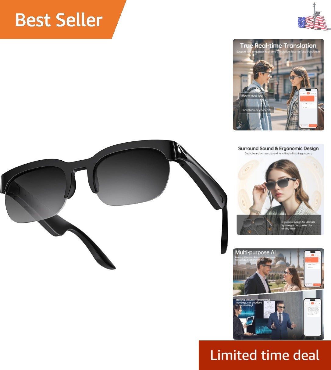 Ergonomic Smart Sunglasses – AI Translation, 120-Hour Standby, UV400 Protection