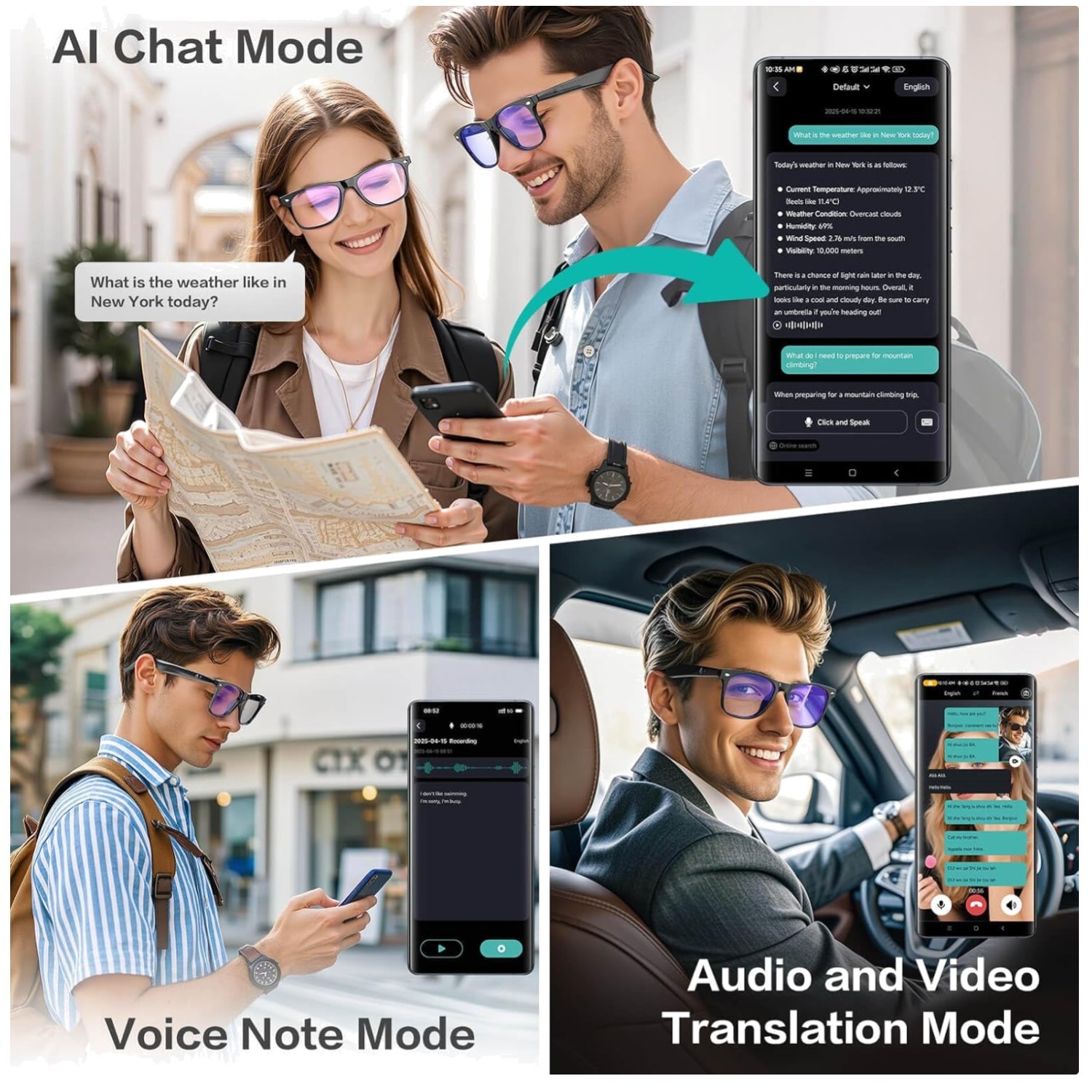 Multi-Mode AI Translation Glasses with 164 Languages