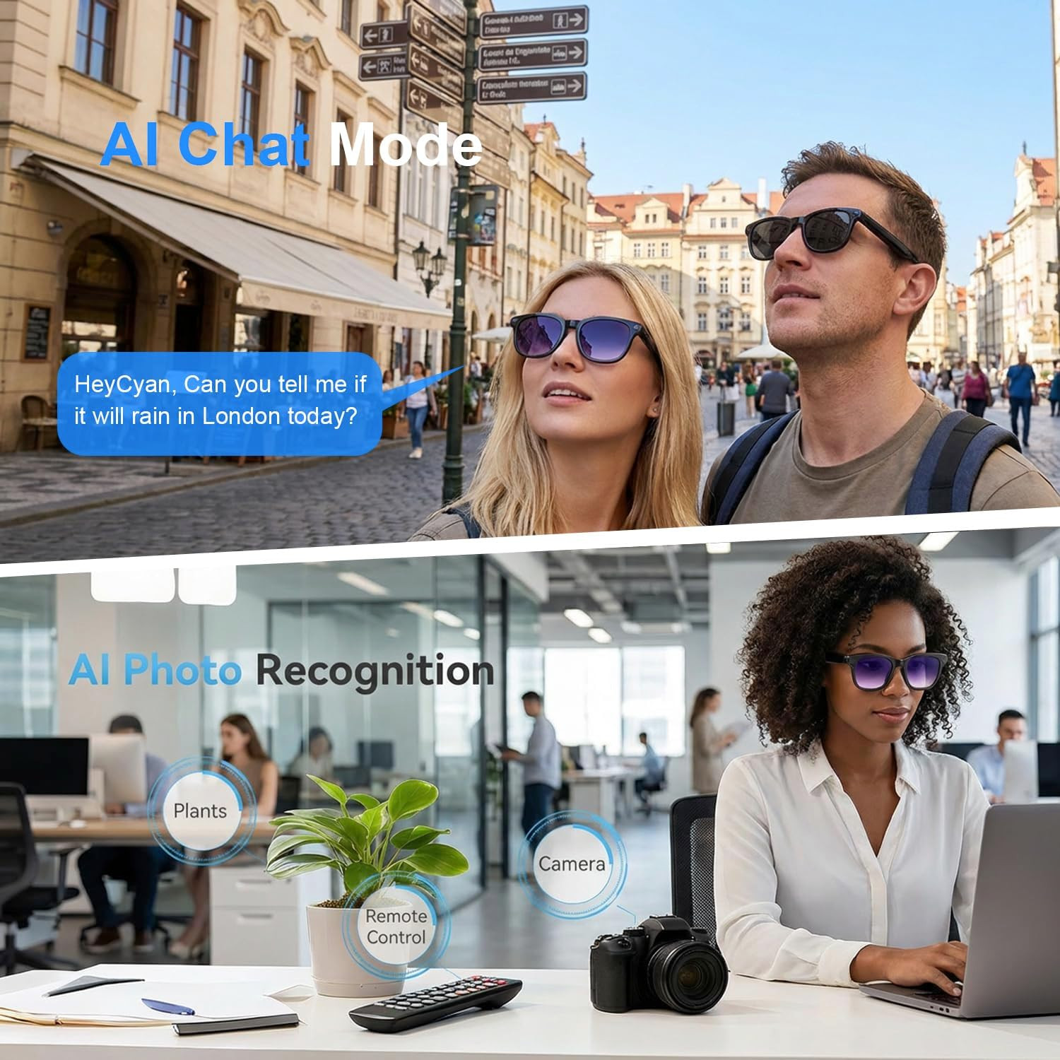 AI Smart Glasses with Camera, 8MP HD Bluetooth Camera Glasses, 1080P Video Recor