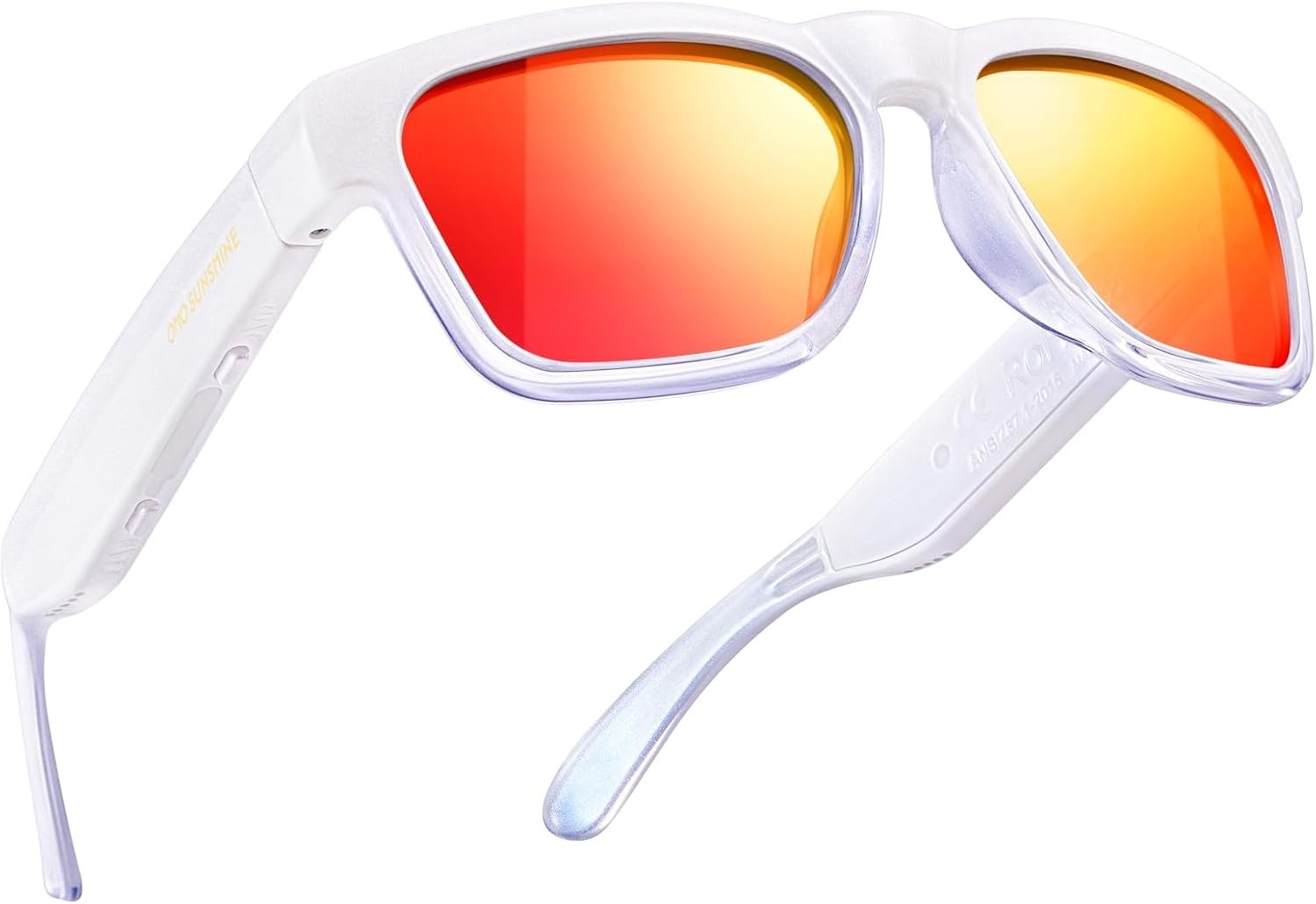 OhO Smart SunGlasses Polarized Bluetooth Speaker Voice Control White w/ Red Lens