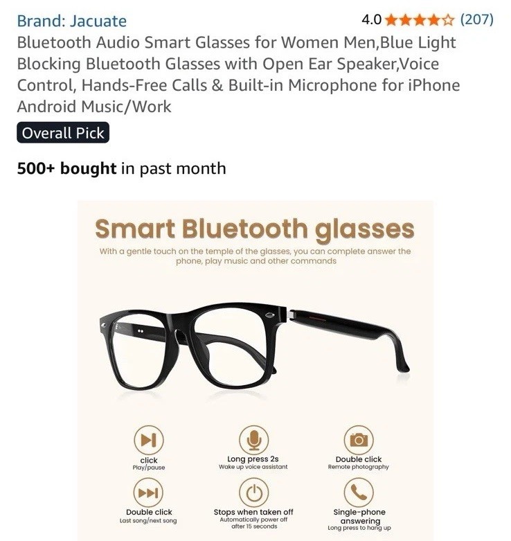 Smart Bluelight Audio Glasses Black ~ ANDROID WEAR ~ Microphone ~ Charging Cable