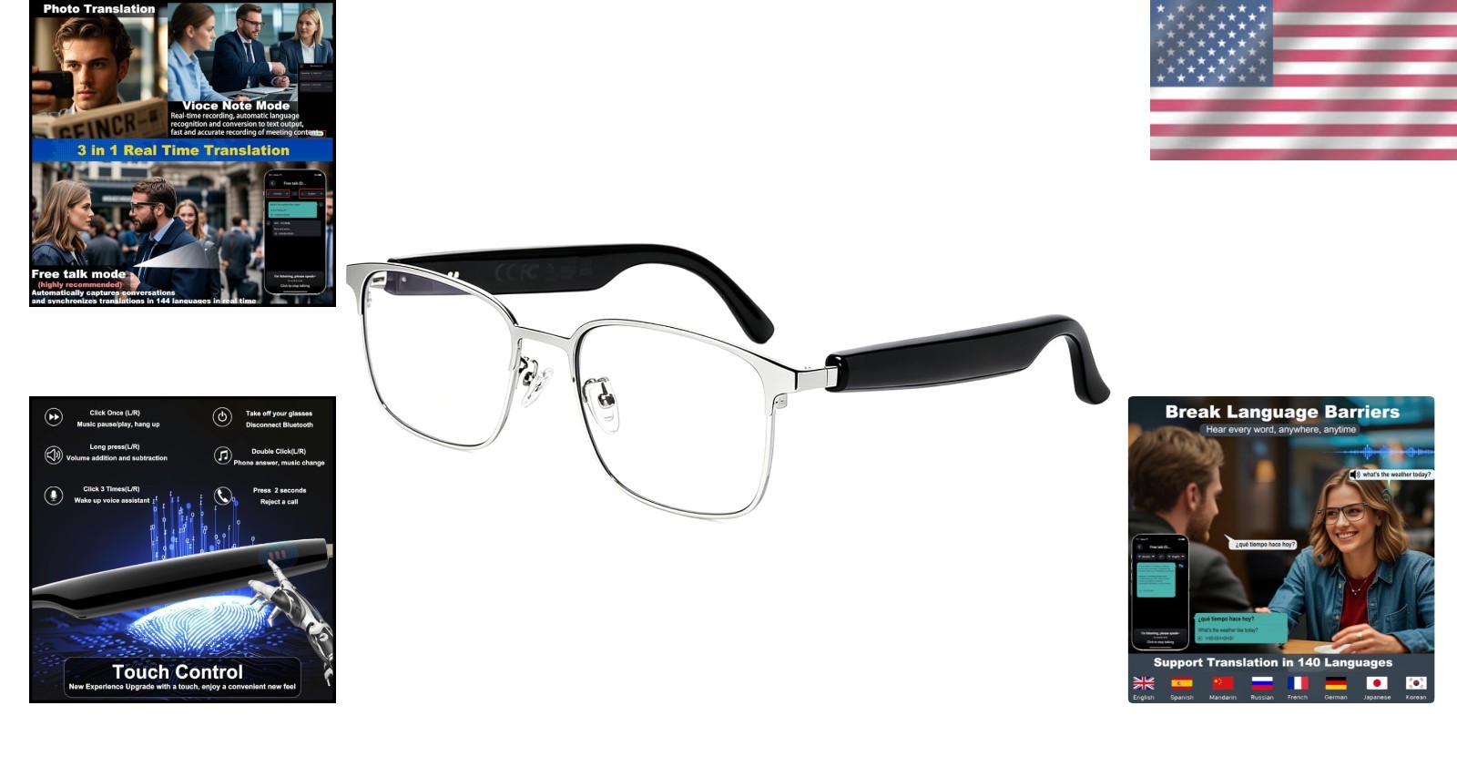 Ai Smart Bluetooth Glasses with 140 Language Translation & Color-Changing Lenses