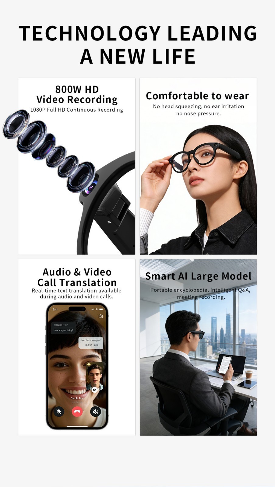 AI Smart Glasses 800W Camera Live Video Recorder Real-Time Translation f android