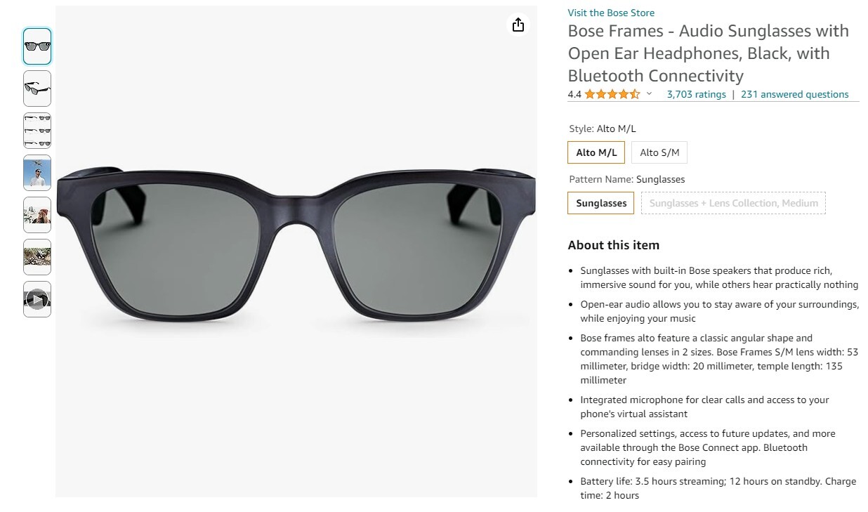 Bose Frames – Audio Sunglasses w/ Open Ear Headphones, Black, with Bluetooth