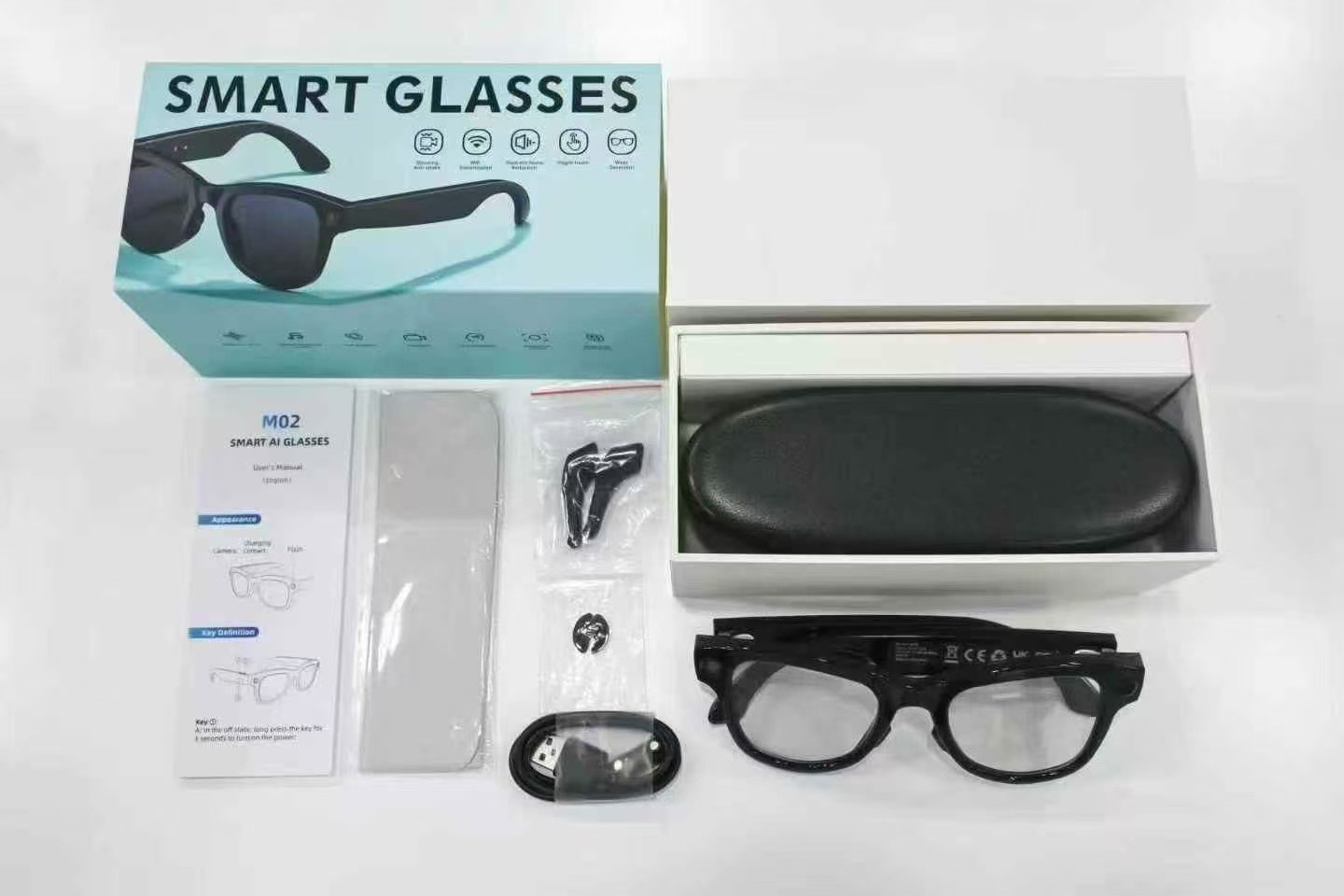 Smart Glasses 800MP Camera 290mAh Battery WITH 3600mAh Charger Case Bluetooth