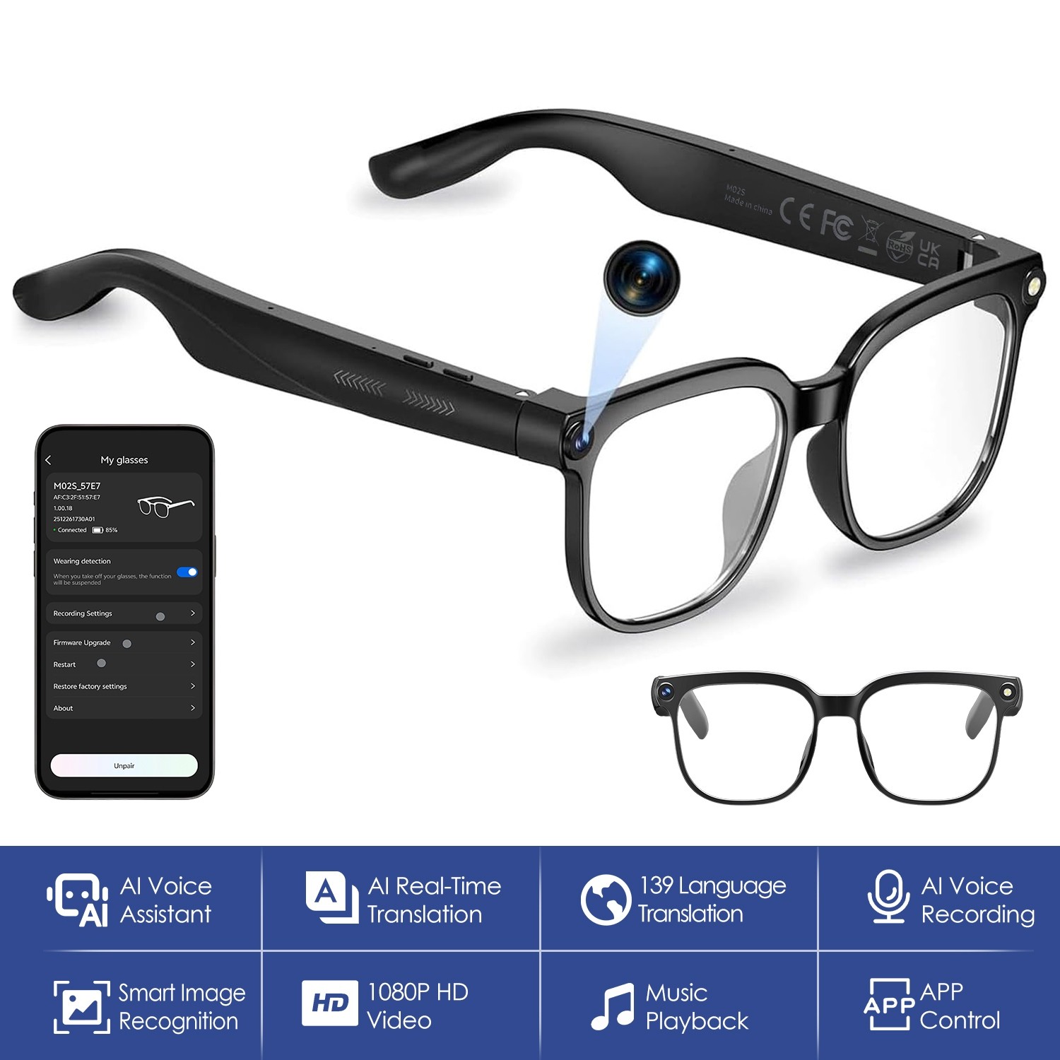 AI Smart Camera Glasses 1080P Wireless Open Ear Audio Real Time Translation