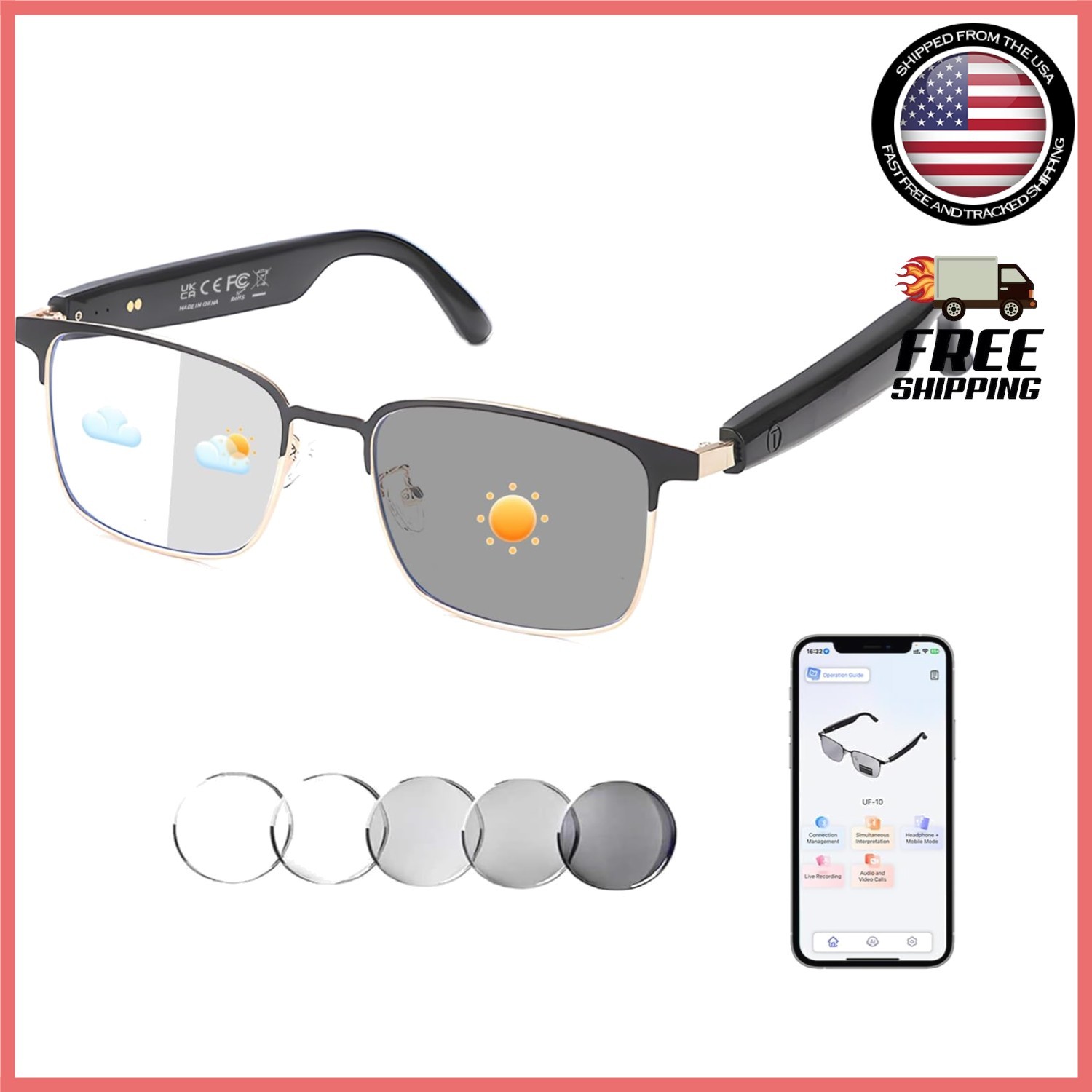 Bluetooth Audio Smart Glasses with Real-Time Translation – 160 Languages, Gold
