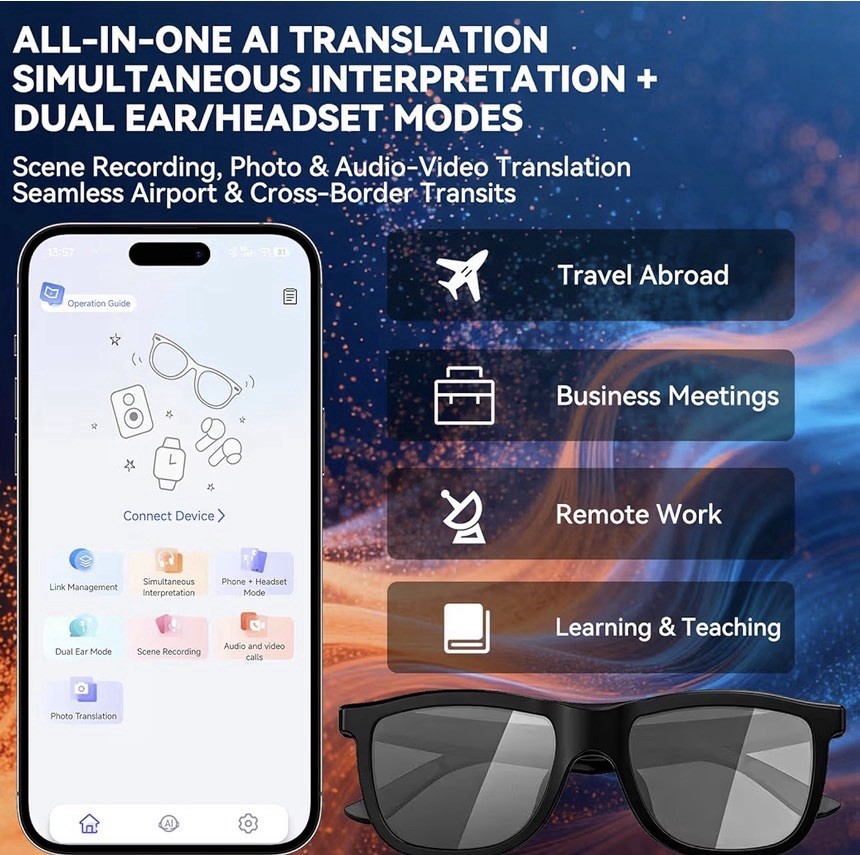 Smart Glasses Bluetooth Tint Control Call Answer Music AI Translation Dual Mics