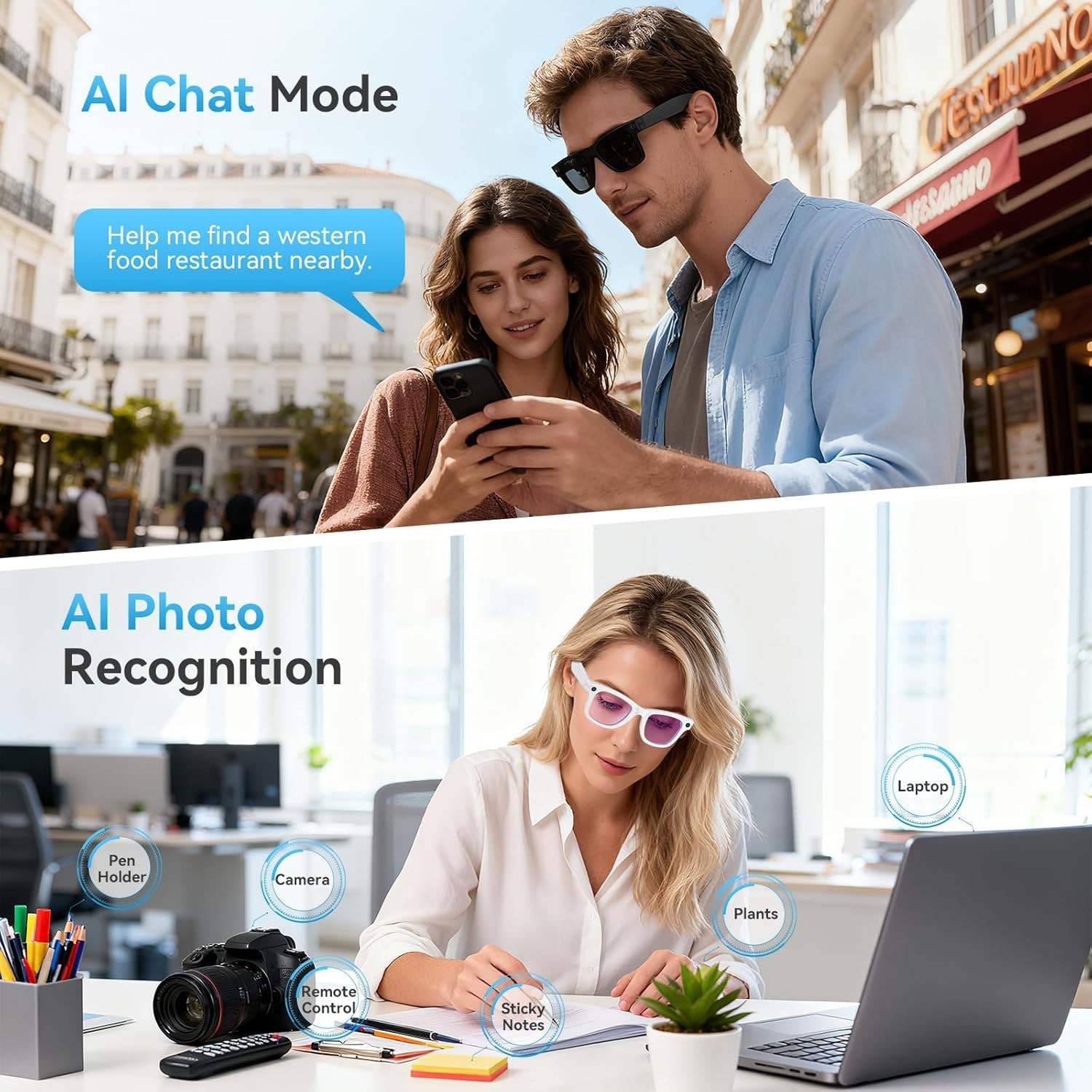 AI Smart Glasses with Camera,8MP 2K HD Camera Glasses,AI Voice Control,Translate