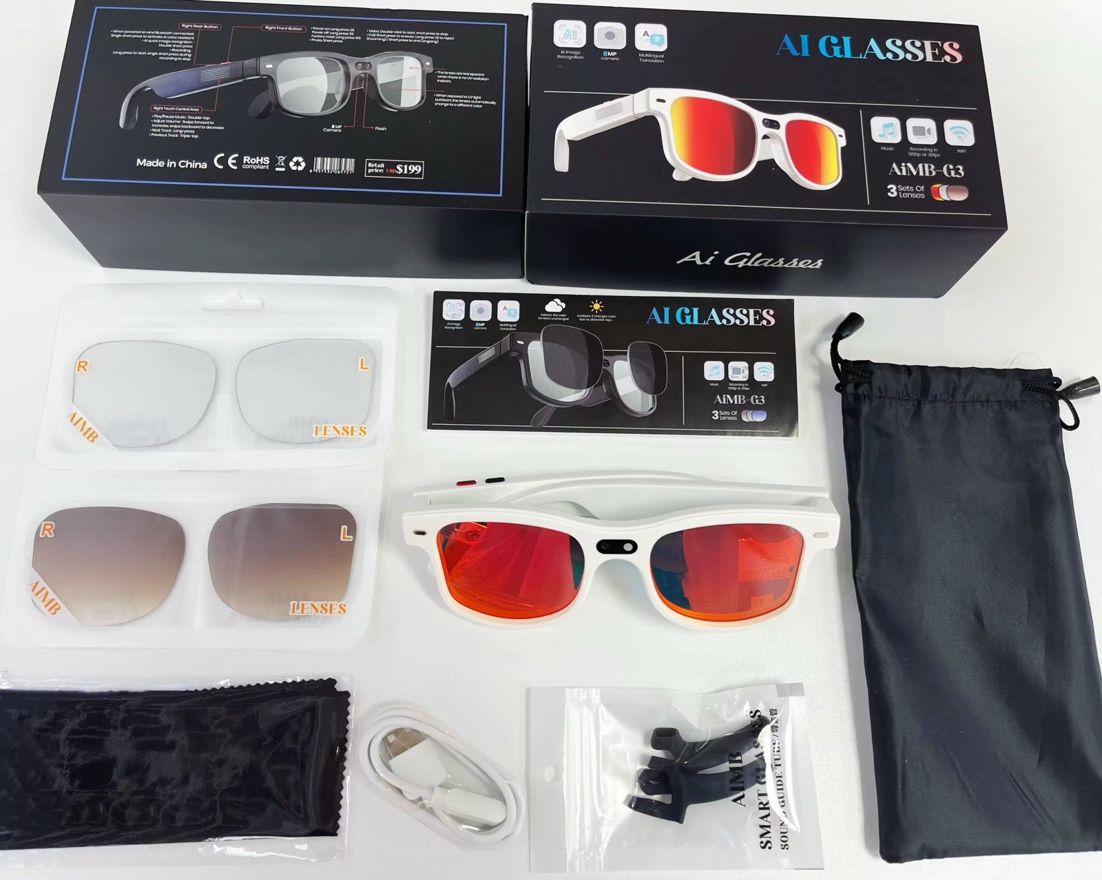 Smart Ai glasses 8MP Sony Camera, Video Recording-For iOS and Android .(White)