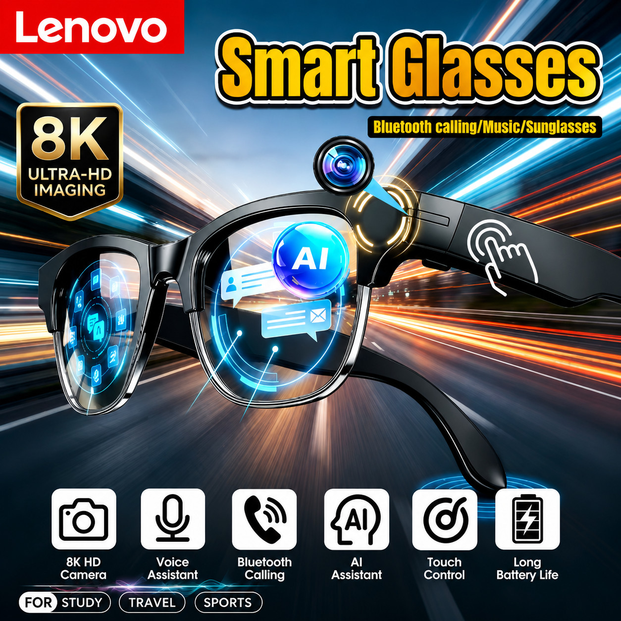 Lenovo AI Smart Glasses 8K Camera Bluetooth Voice Assistant Translation Glasses