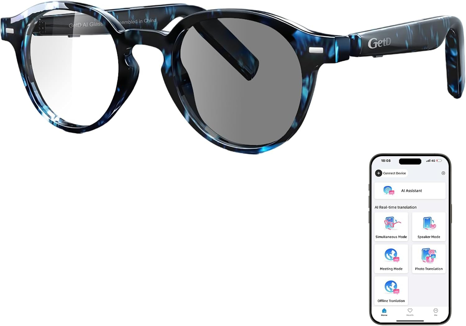 AI Glasses for Men & Women – Blue Tortoiseshell Smart Glasses with 145-Language