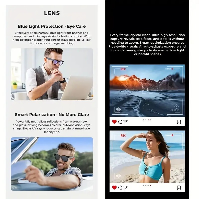 Smart AI Camera Glasses with HD Video Recording, Built-in Speakers, Voice Assist