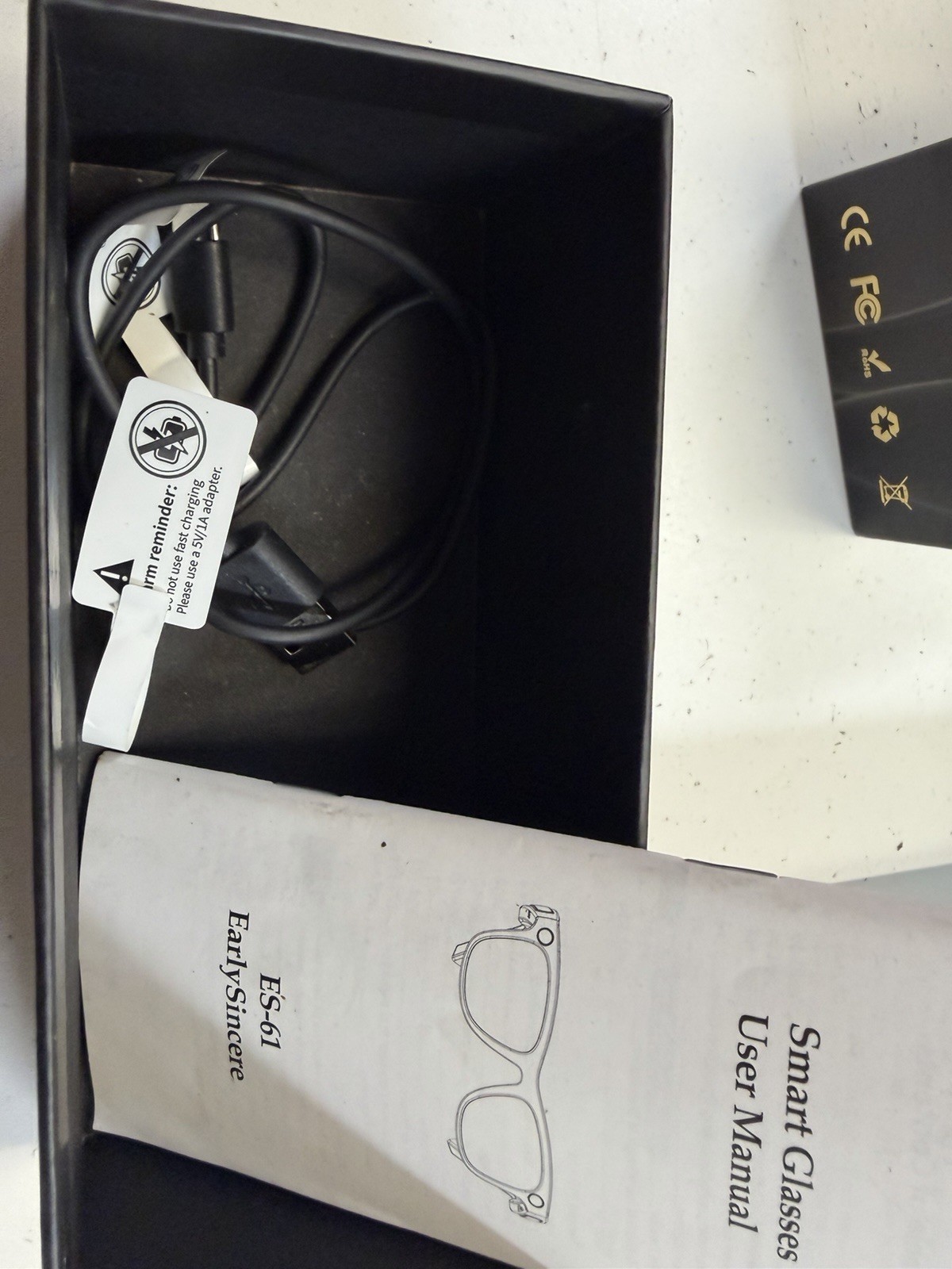 EarlySincere ES-61 Smart Glasses Black Frames Bluetooth w/ USB Cable & Manual