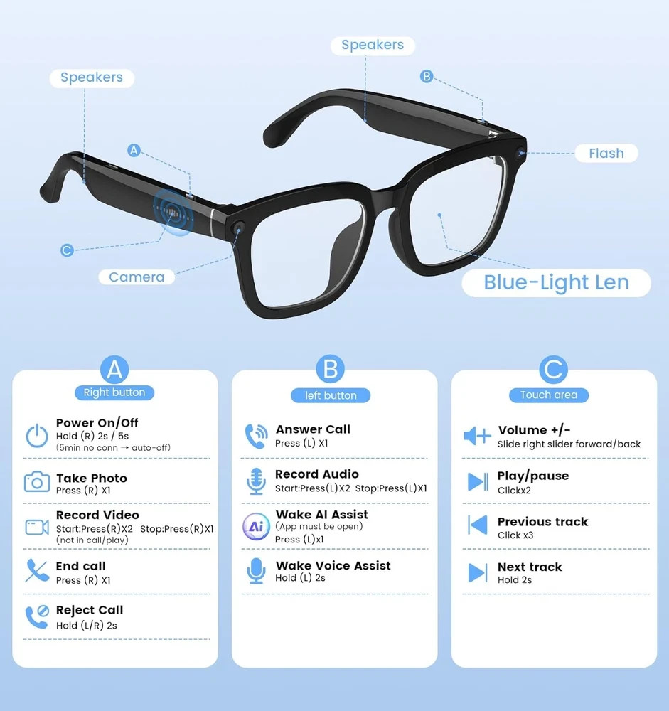 AI Smart Camera Glasses 1080P HD – Bluetooth Video Recording Glasses with Voice