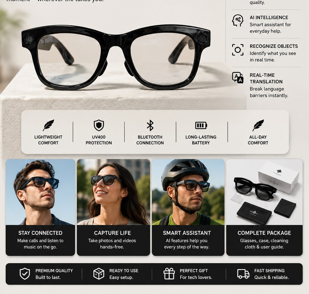 Smart Glasses Bluetooth Open-Ear Audio AI Translation Video Recording