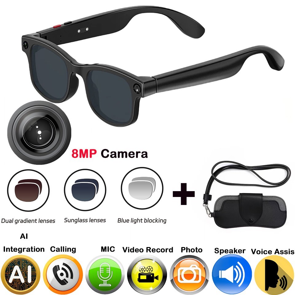4K AI Smart Photochromic Glasses Multifunction Camera and Call Voice Assis