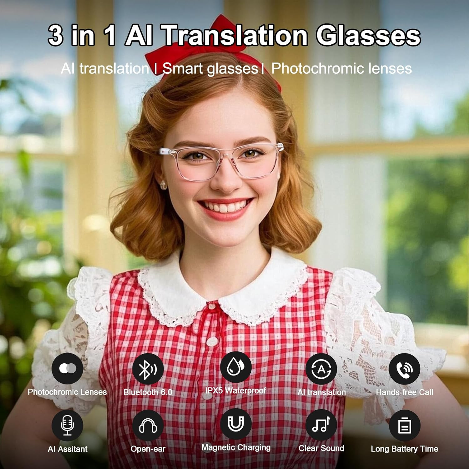 AI Smart Glasses, Bluetooth 6.0 Real-Time Translation Glasses for Men Women, 160