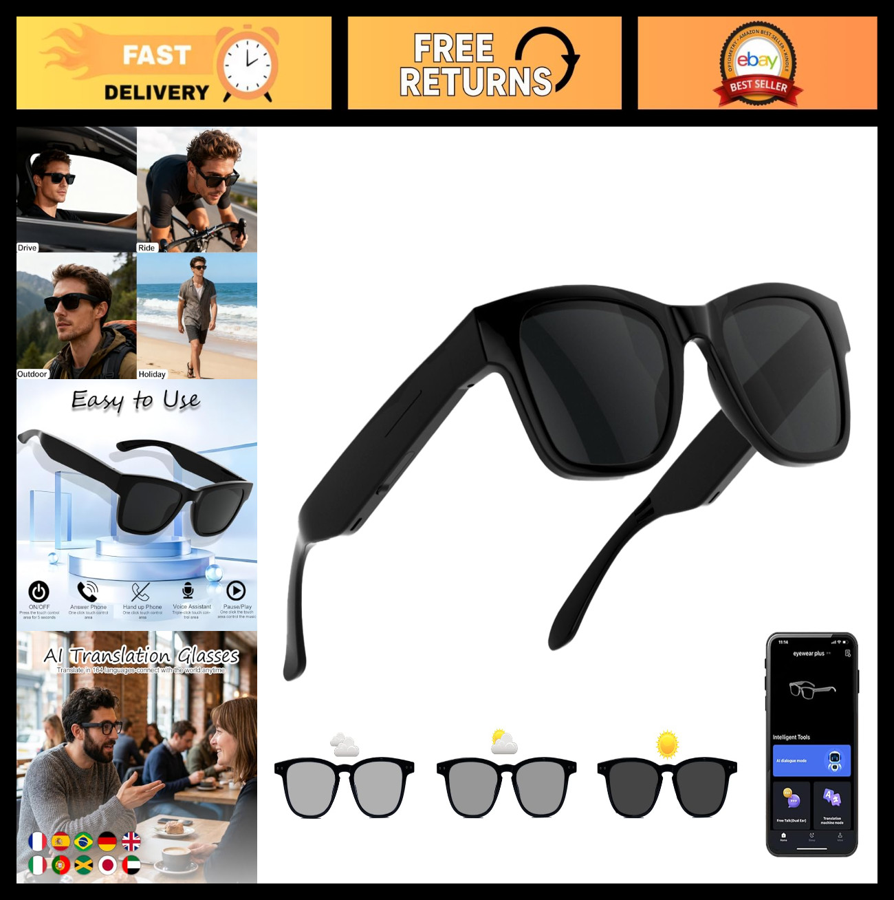 AI Smart Glasses with Color-Changing Lenses, Bluetooth, Voice Assistant, 160+ La